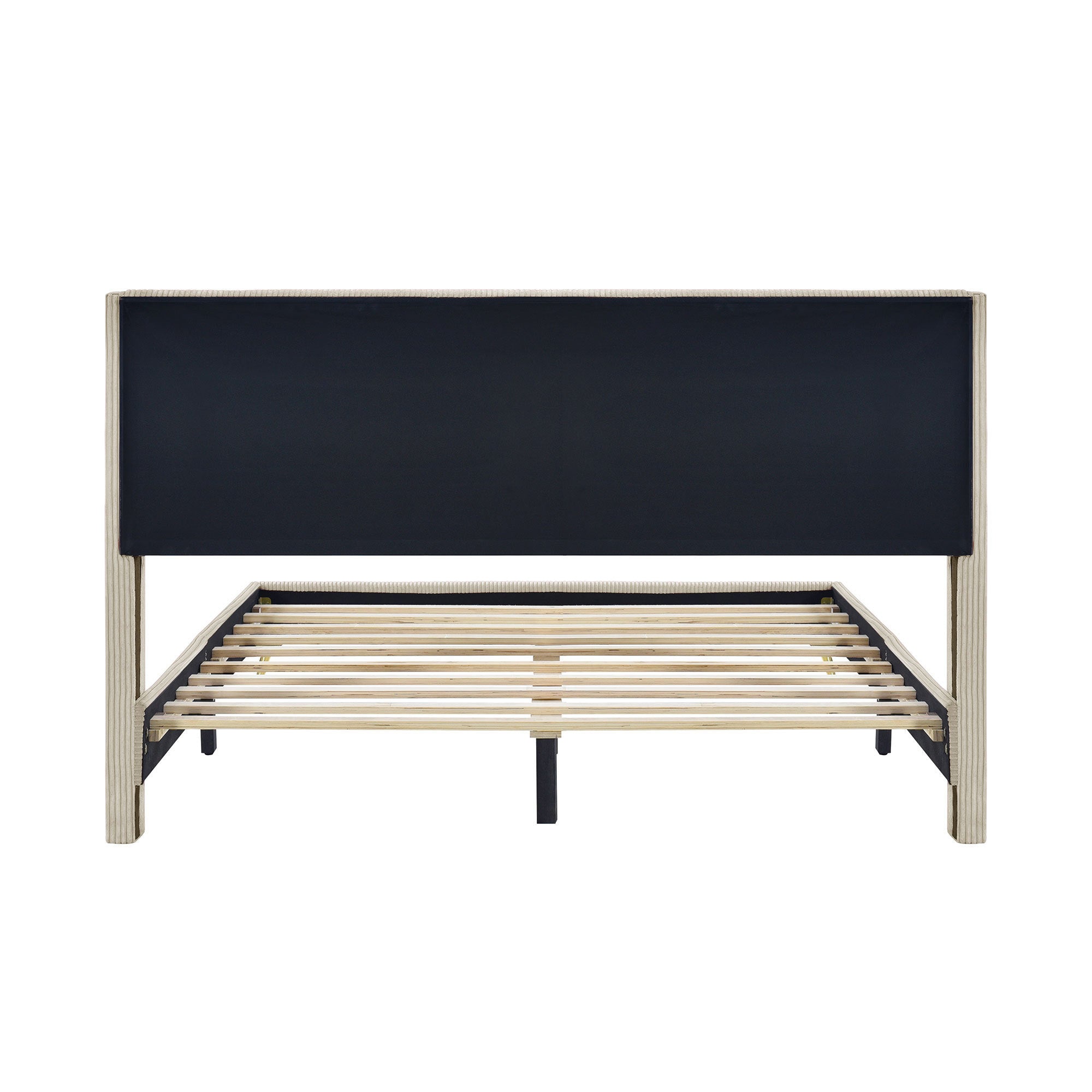 Queen Size Corduroy Platform Bed with Metal Legs, Beige