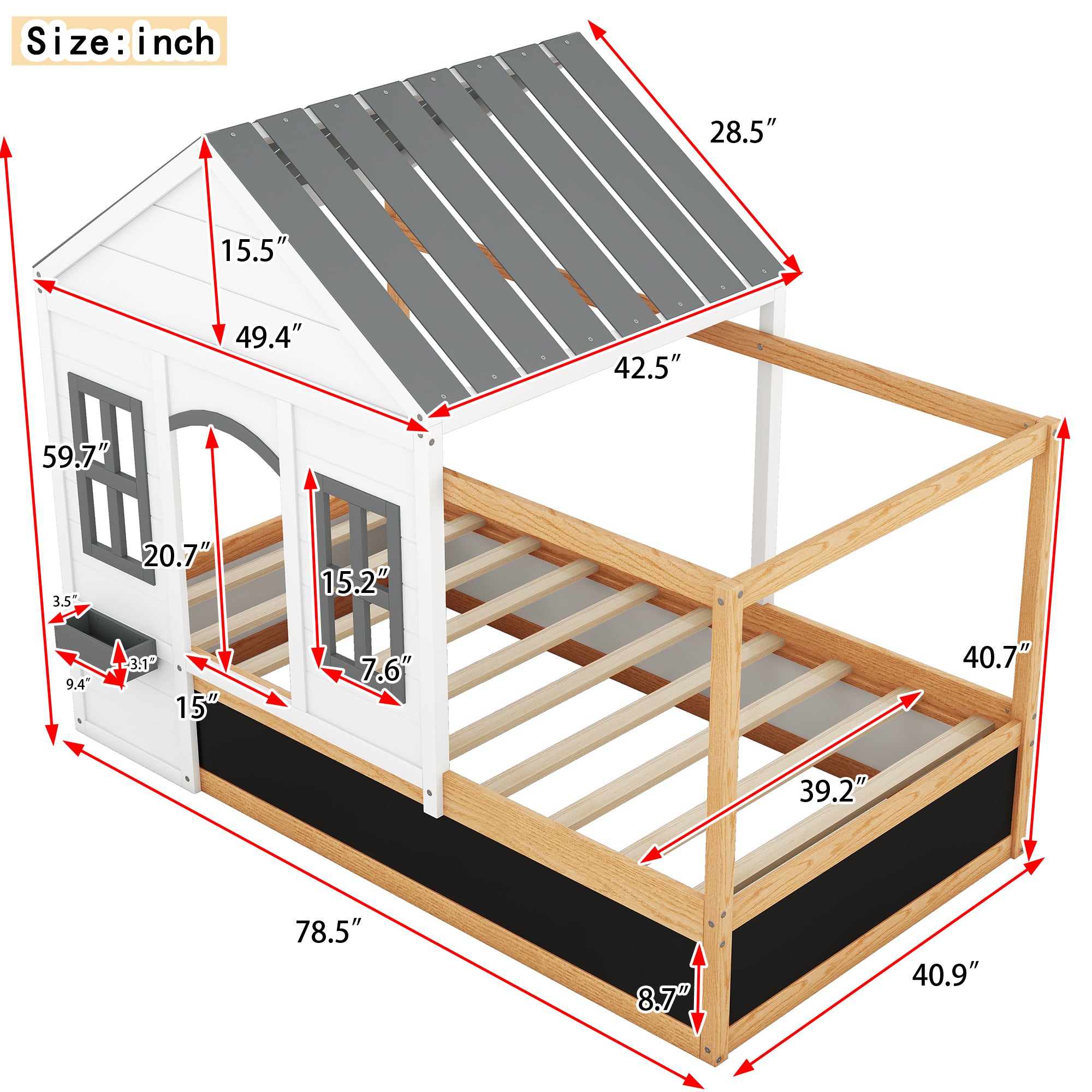 Twin Size House Shaped Canopy Bed with Black Roof and White Window,Blackboard and Little Shelf, White(Old SKU: WF294051AAK) - Atlantic Fine Furniture Melbourne FL
