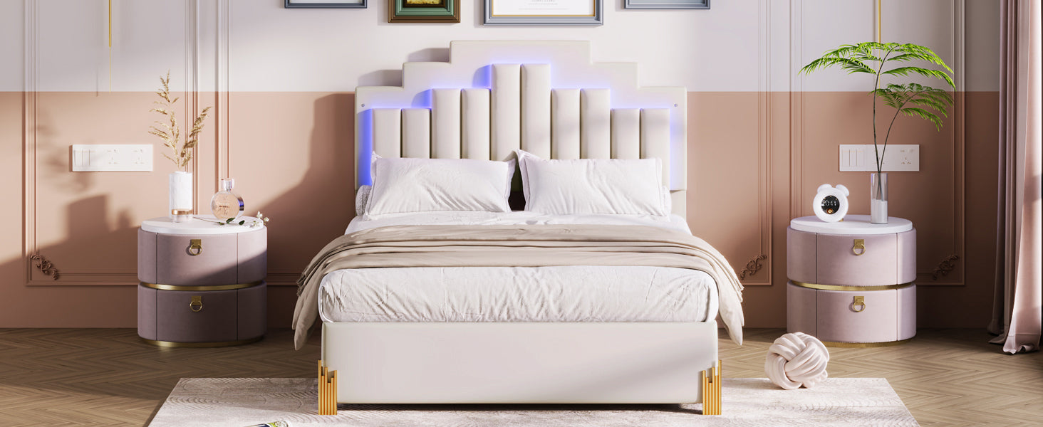Full Size Upholstered Platform Bed with LED Lights and 4 Drawers, Stylish Irregular Metal Bed Legs Design, Beige - Atlantic Fine Furniture Melbourne FL