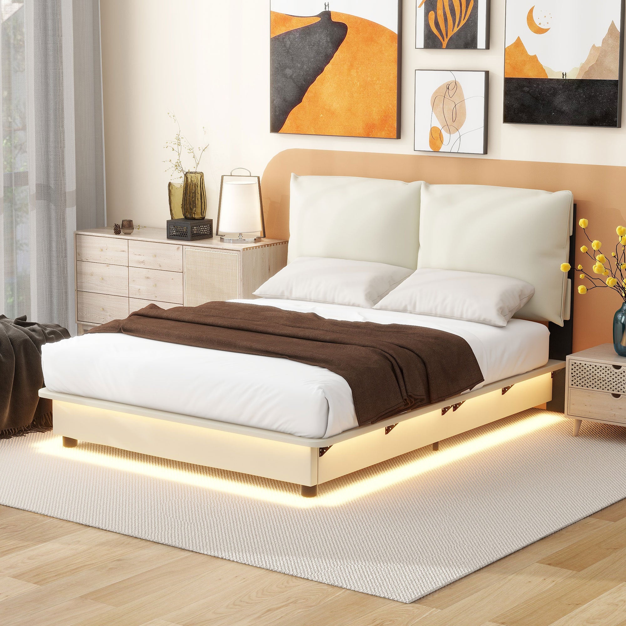Full Size Upholstered Platform Bed with Sensor Light and Ergonomic Design Backrests, White - Atlantic Fine Furniture Melbourne FL