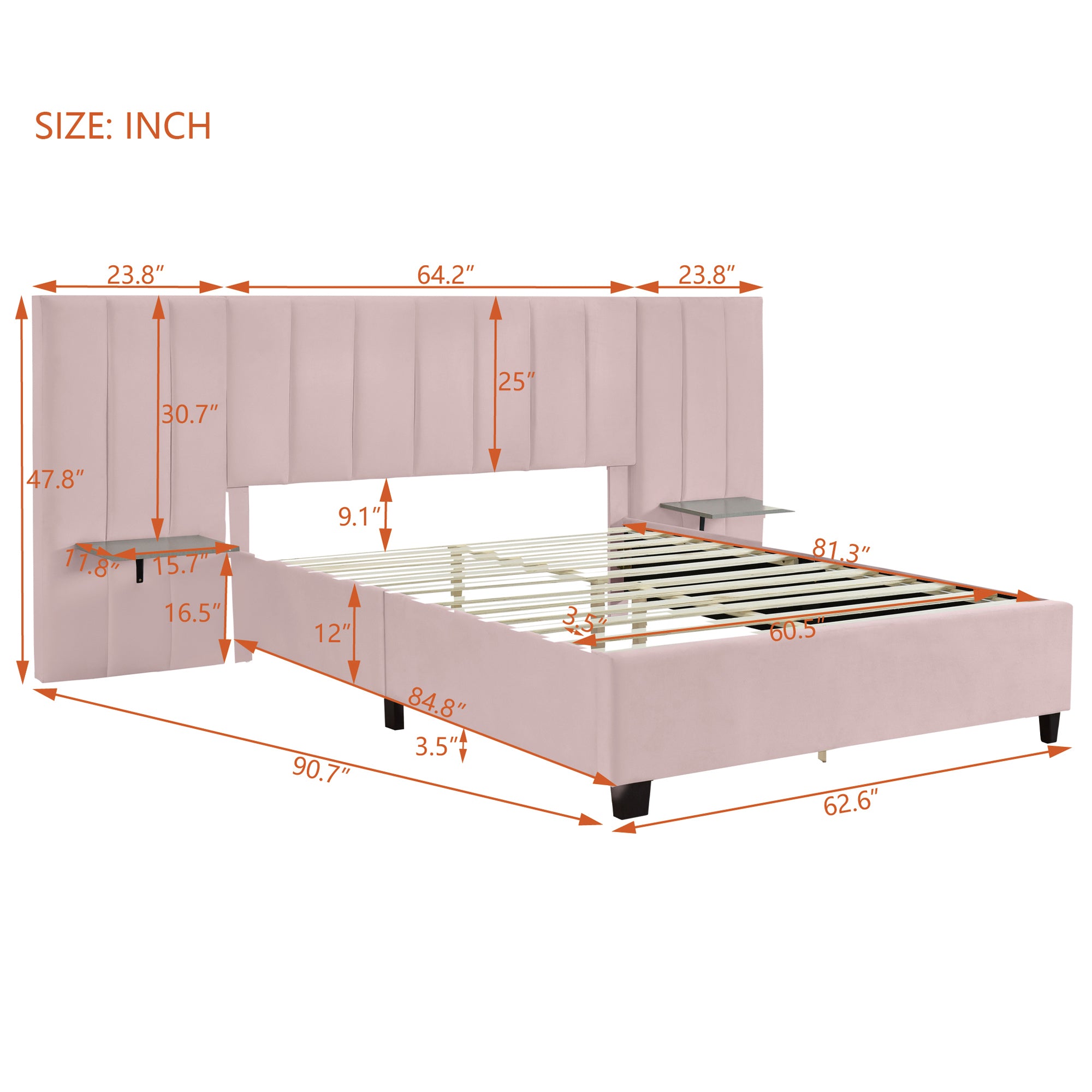 Queen Size Upholstered Platform Bed with Big Headboard, Bedroom Furniture, Velvet, Pink - Atlantic Fine Furniture Melbourne FL