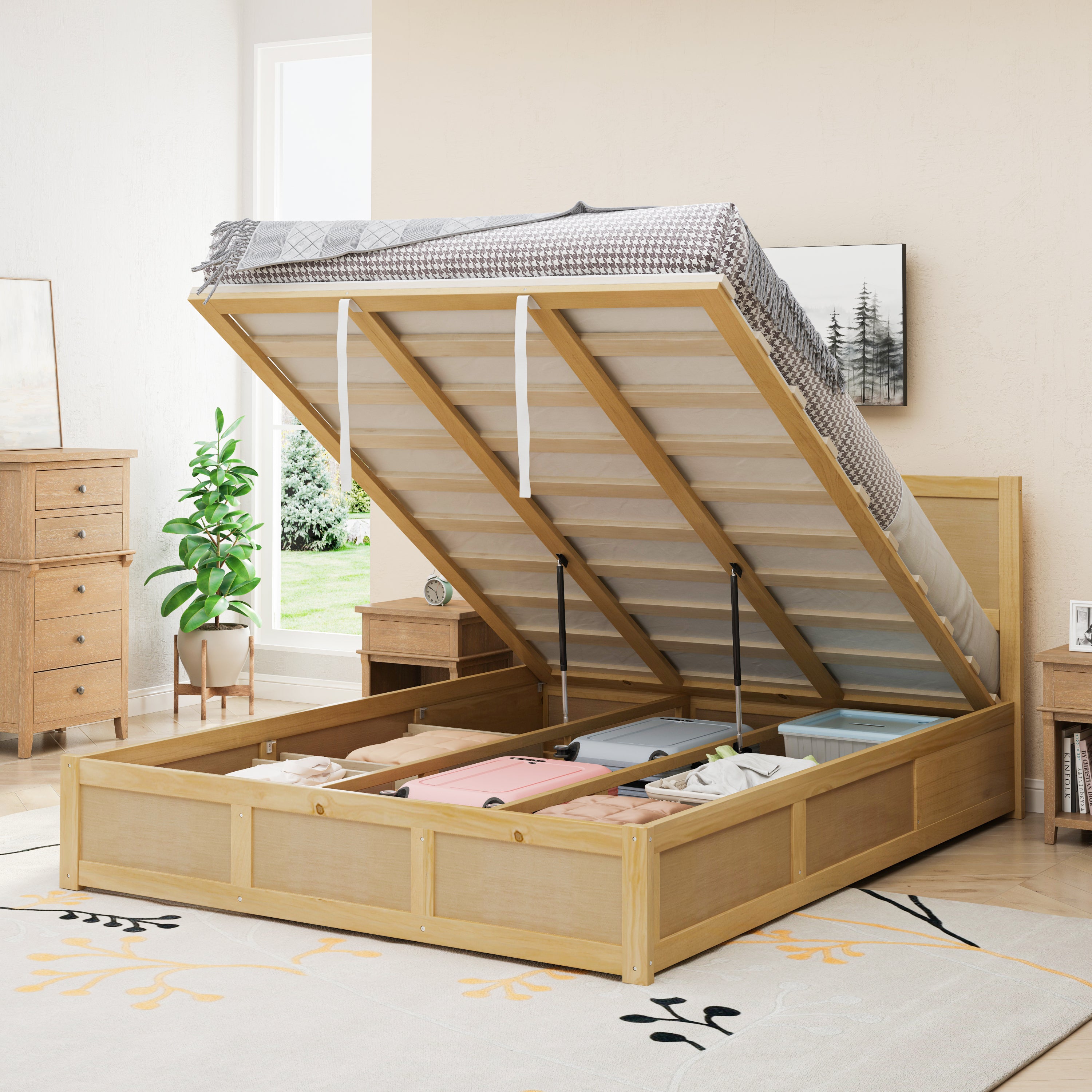 Luxury Queen Size Wood Platform Bed with Hydraulic Storage System and 2 Drawers,Streamlined Headboard & Footboard, Wood Color - Atlantic Fine Furniture Melbourne FL