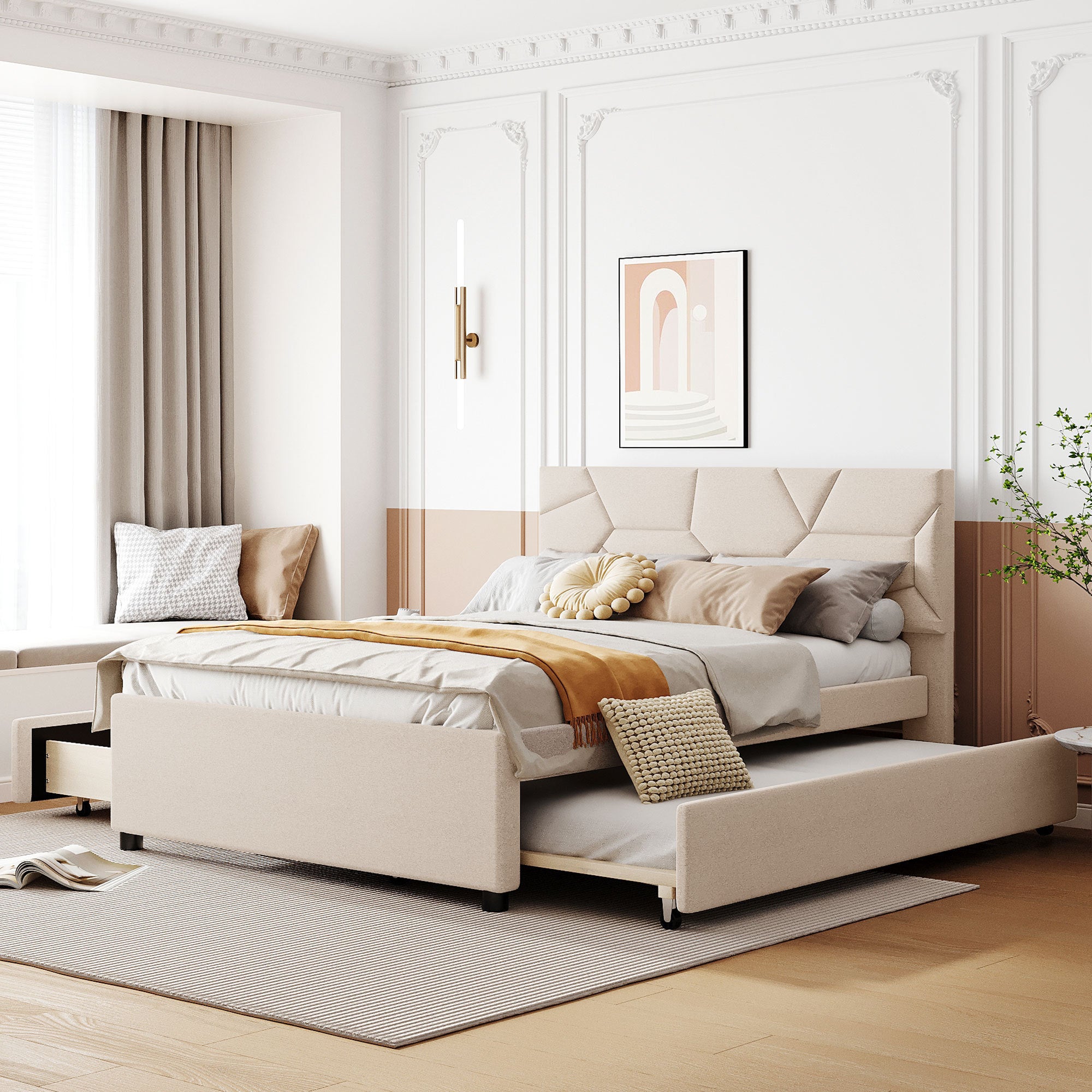 Full Size Upholstered Platform Bed with Brick Pattern Headboard, with Twin Size Trundle and 2 Drawers, Linen Fabric, Beige - Atlantic Fine Furniture Melbourne FL