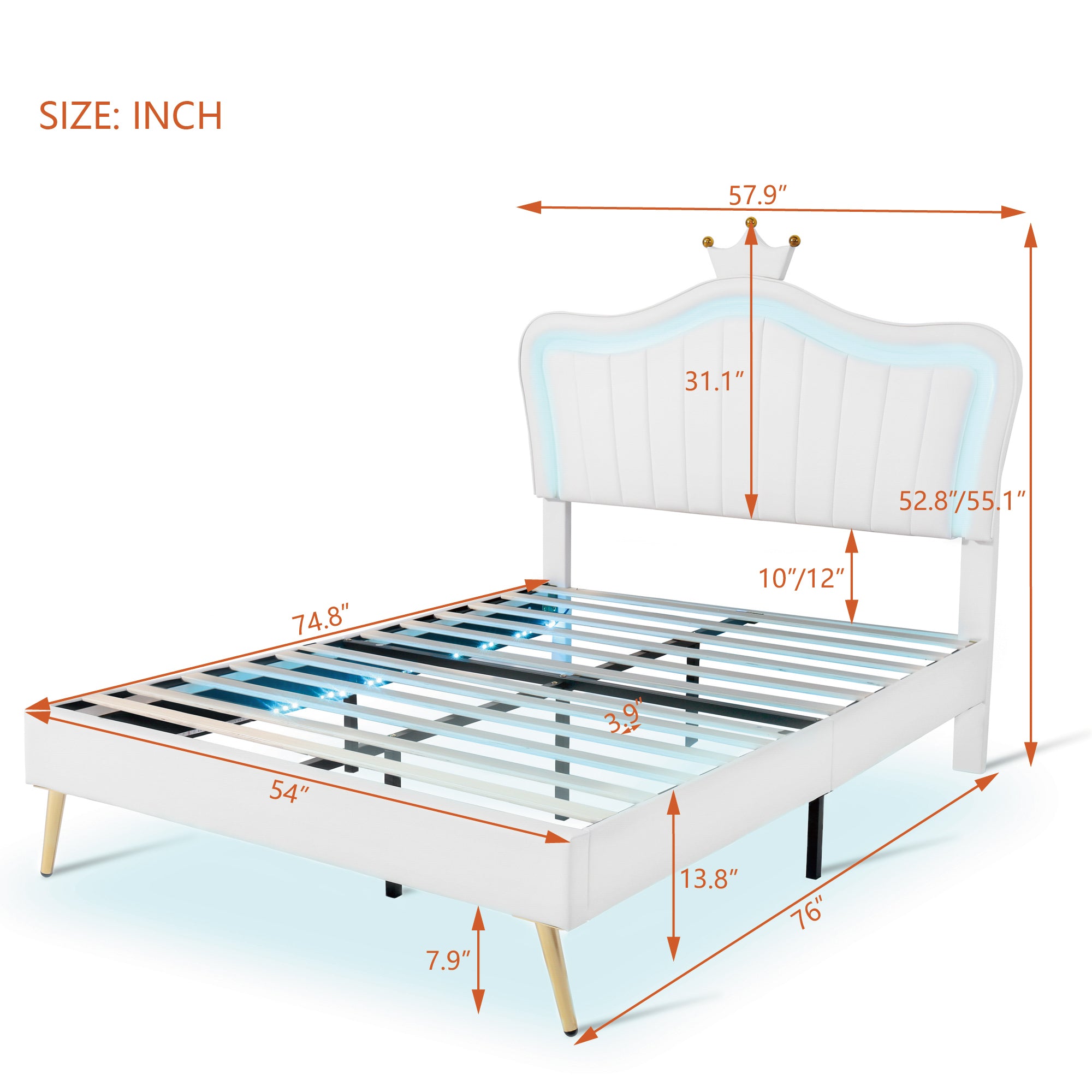 Full Size Upholstered Bed Frame with LED Lights,Modern Upholstered Princess Bed With Crown Headboard,White - Atlantic Fine Furniture Melbourne FL