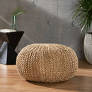 Handmade Jute Pouf With Cable Knit Pattern - Natural