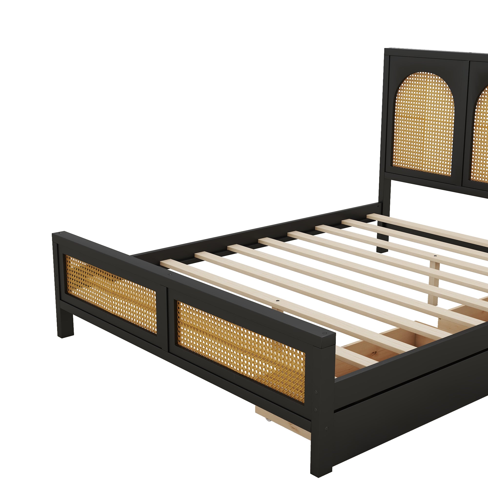 Full Size Wood Storage Platform Bed with 2 Drawers, Rattan Headboard and Footboard, Black - Atlantic Fine Furniture Melbourne FL
