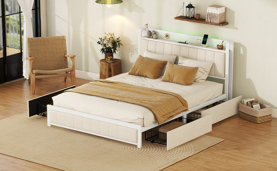 Queen Bed Frame with LED Headboard, Upholstered Bed with 4 Storage Drawers and USB Ports, Beige - Atlantic Fine Furniture Melbourne FL