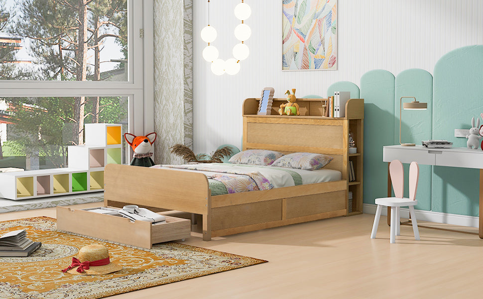Full Size Platform Bed with Storage Headboard and a Big Drawer, Wood Color - Atlantic Fine Furniture Melbourne FL