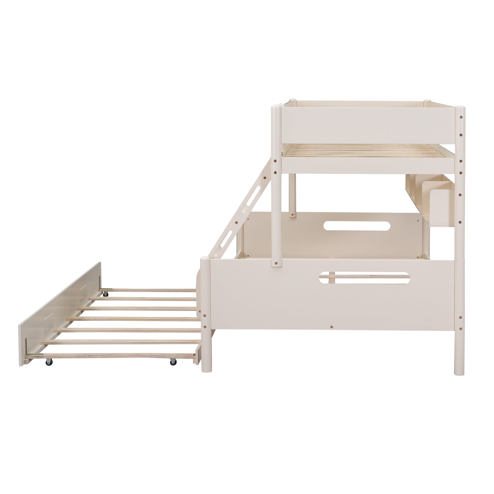 Wood Twin over Full Bunk Bed with Storage Shelves and Twin Size Trundle, Cream - Atlantic Fine Furniture Melbourne FL