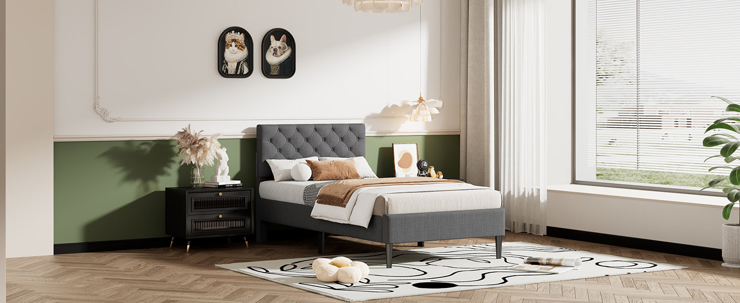 Upholstered Linen Platform Bed, Twin Size, Gray - Atlantic Fine Furniture Melbourne FL