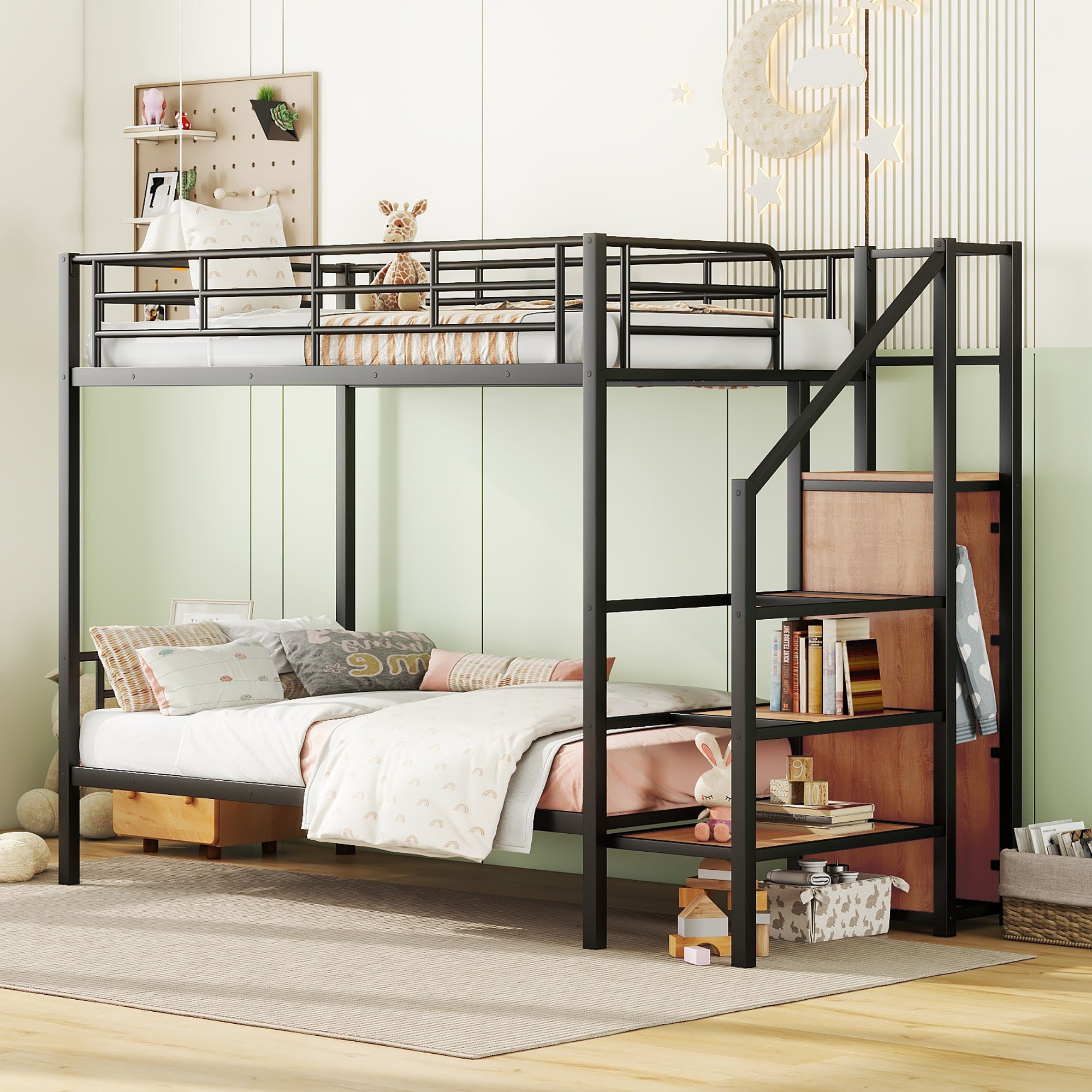 Twin Over Twin Metal Bunk Bed with Lateral Storage Ladder and Wardrobe, Black - Atlantic Fine Furniture Melbourne FL