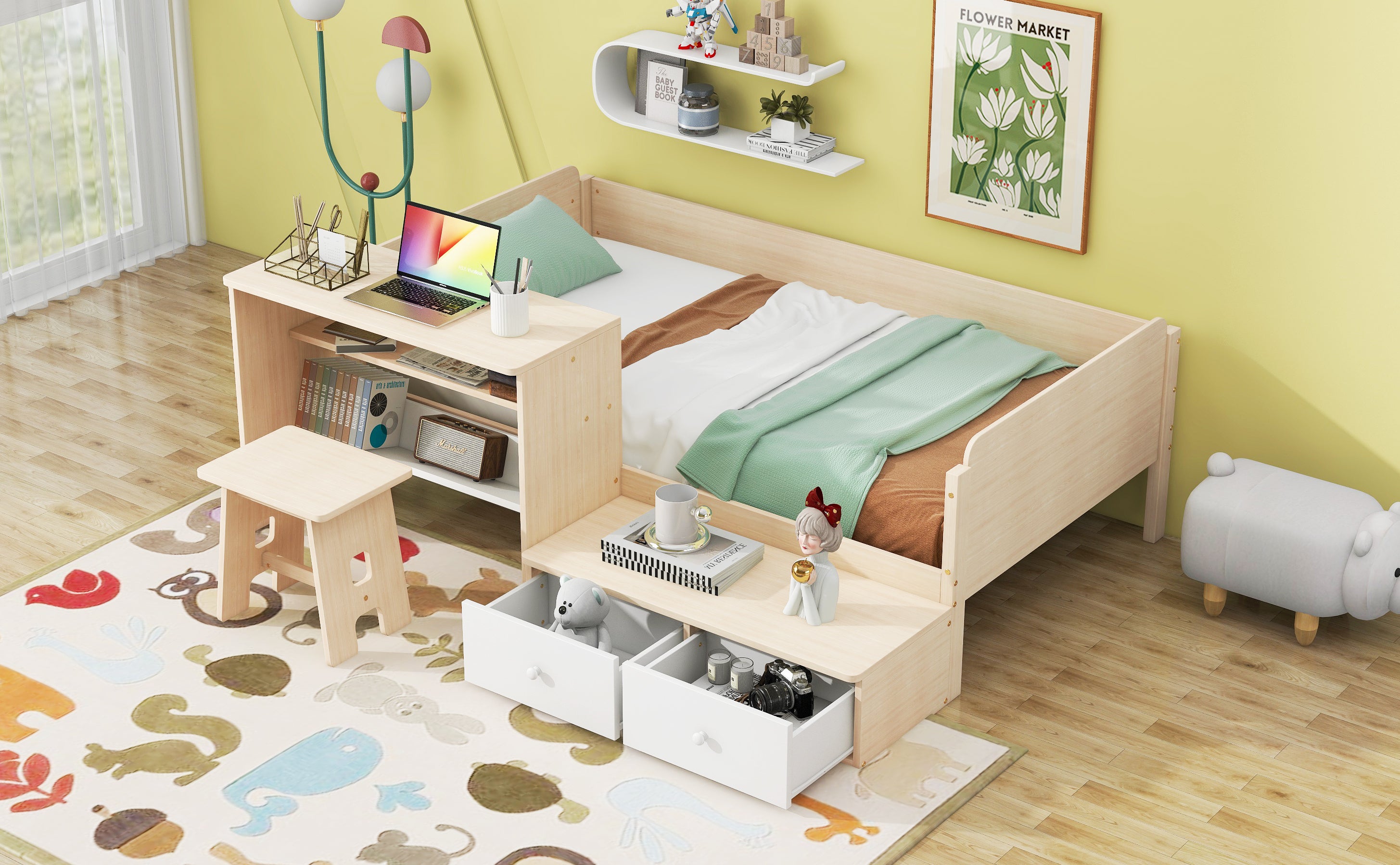 Wood Twin Size Platform Bed with 2 Drawers and 1 Chair&Desk Set, Natural+White - Atlantic Fine Furniture Melbourne FL