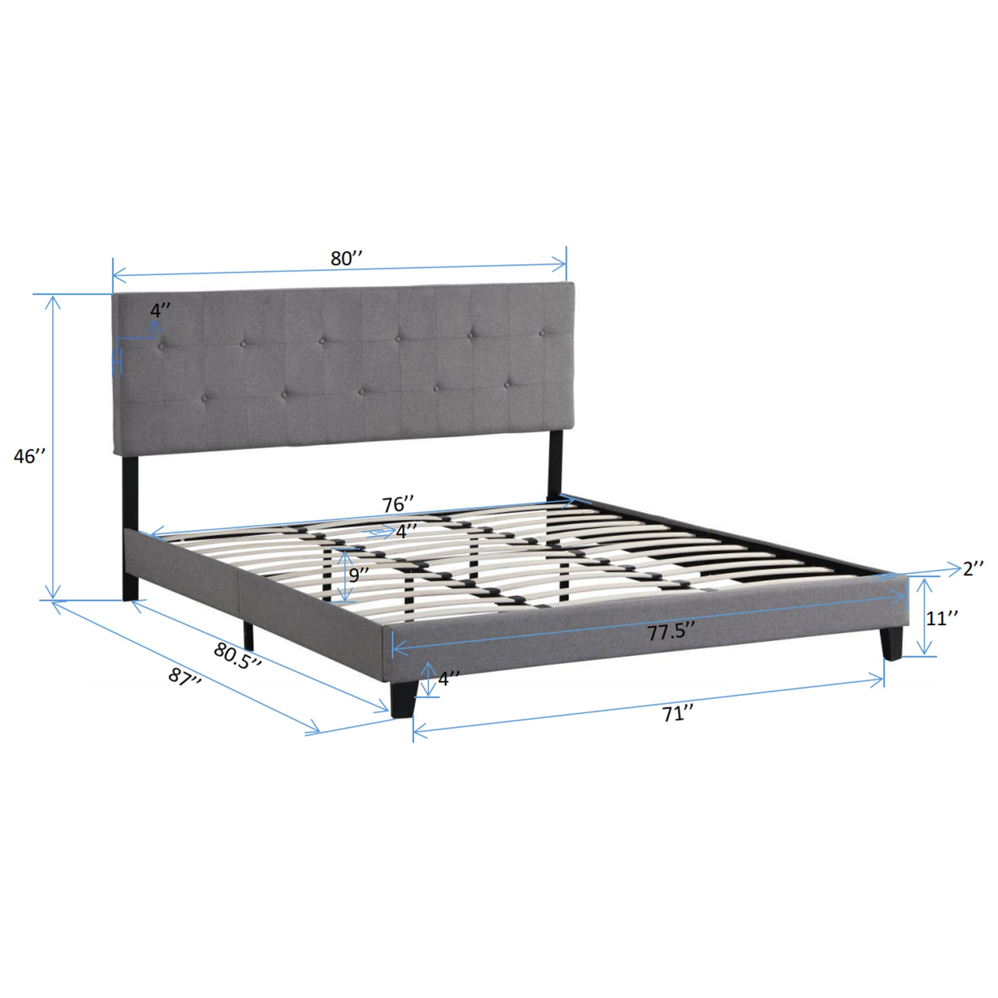 King Size Upholstered Platform Bed Frame with Button Tufted Linen Fabric Headboard, No Box Spring Needed, Wood Slat Support, Easy Assembly, Gray