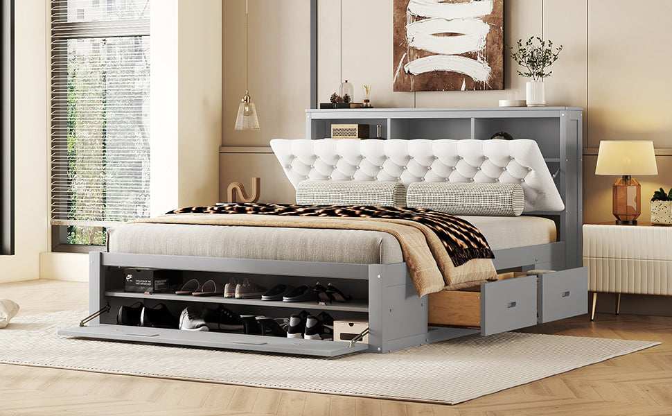 Wood Queen Size Platform Bed with Storage Headboard, shoe rack and 4 drawers,Gray - Atlantic Fine Furniture Melbourne FL