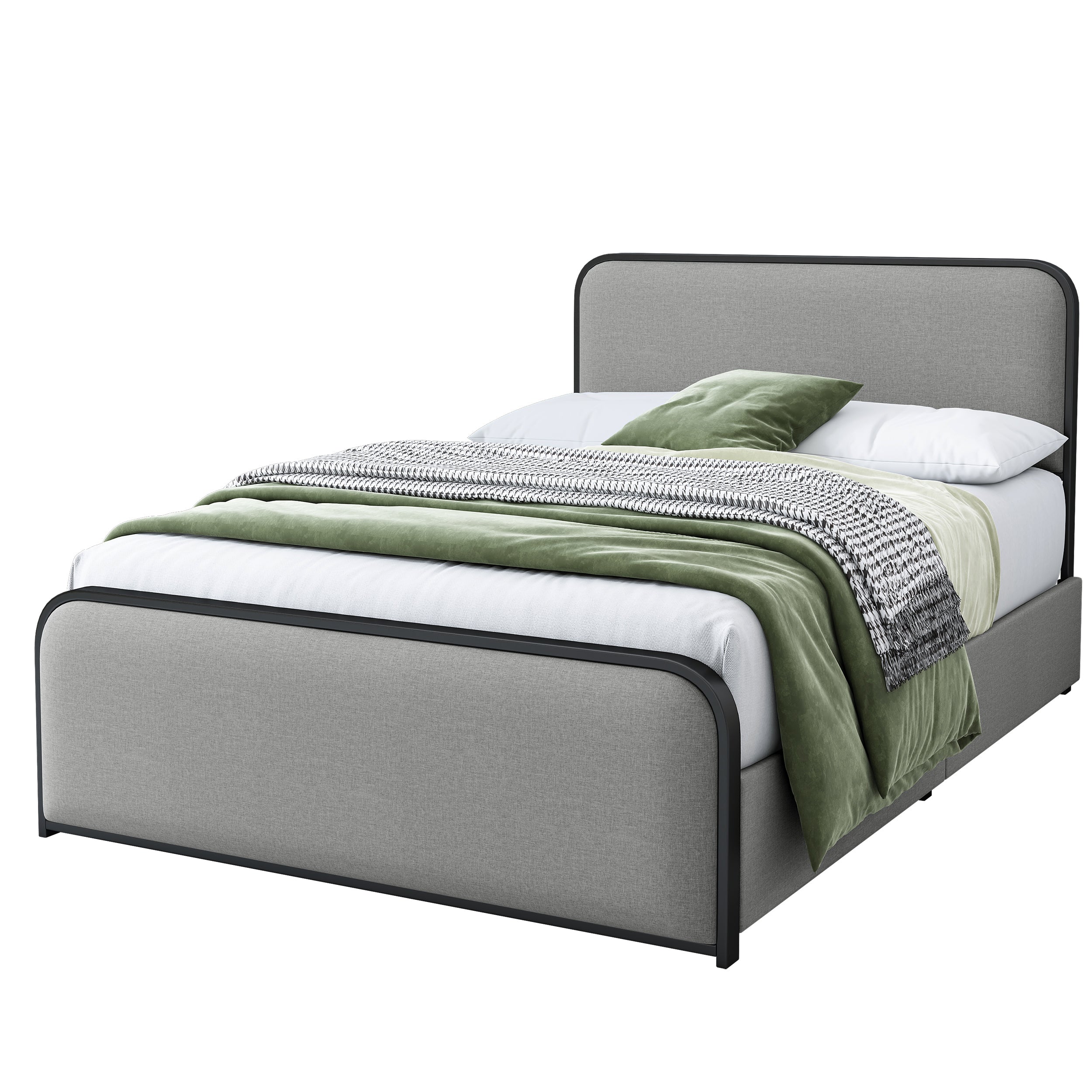 Modern Metal Bed Frame with Curved Upholstered Headboard and Footboard Bed with 4 Storage Drawers, Heavy Duty Metal Slats, Full Size, Grey - Atlantic Fine Furniture Melbourne FL