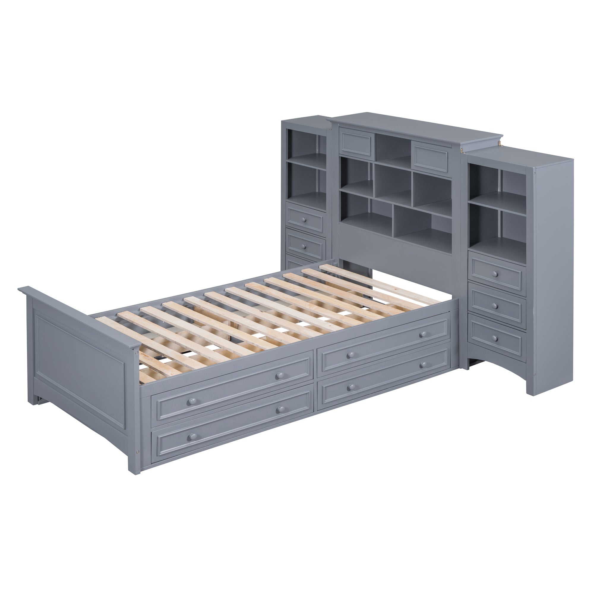 Twin Size Wood Platformbed with Vertical All-in-One Cabinet and 4 Drawers on each side, Gray - Atlantic Fine Furniture Melbourne FL