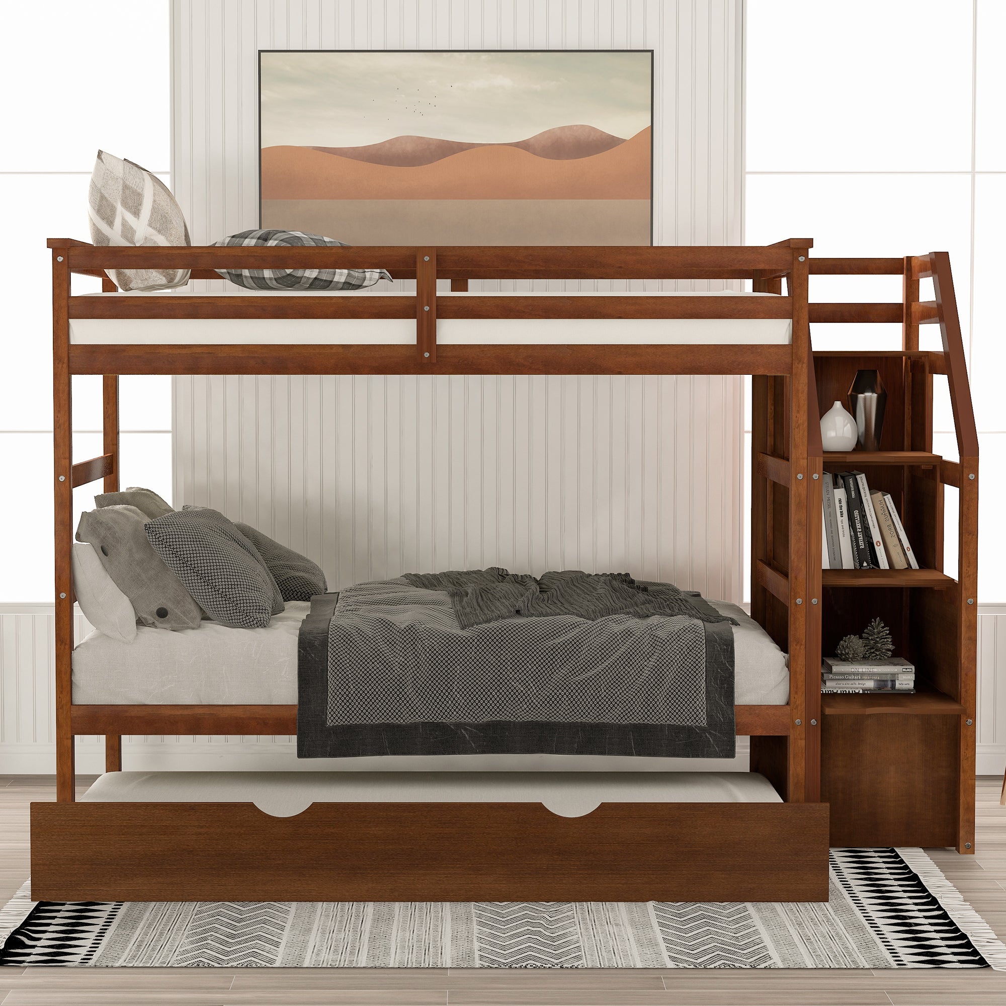 Twin-Over-Twin Bunk Bed with Twin Size Trundle and 3 Storage Stairs,Walnut (OLD SKU :LP000064AAD) - Atlantic Fine Furniture Melbourne FL