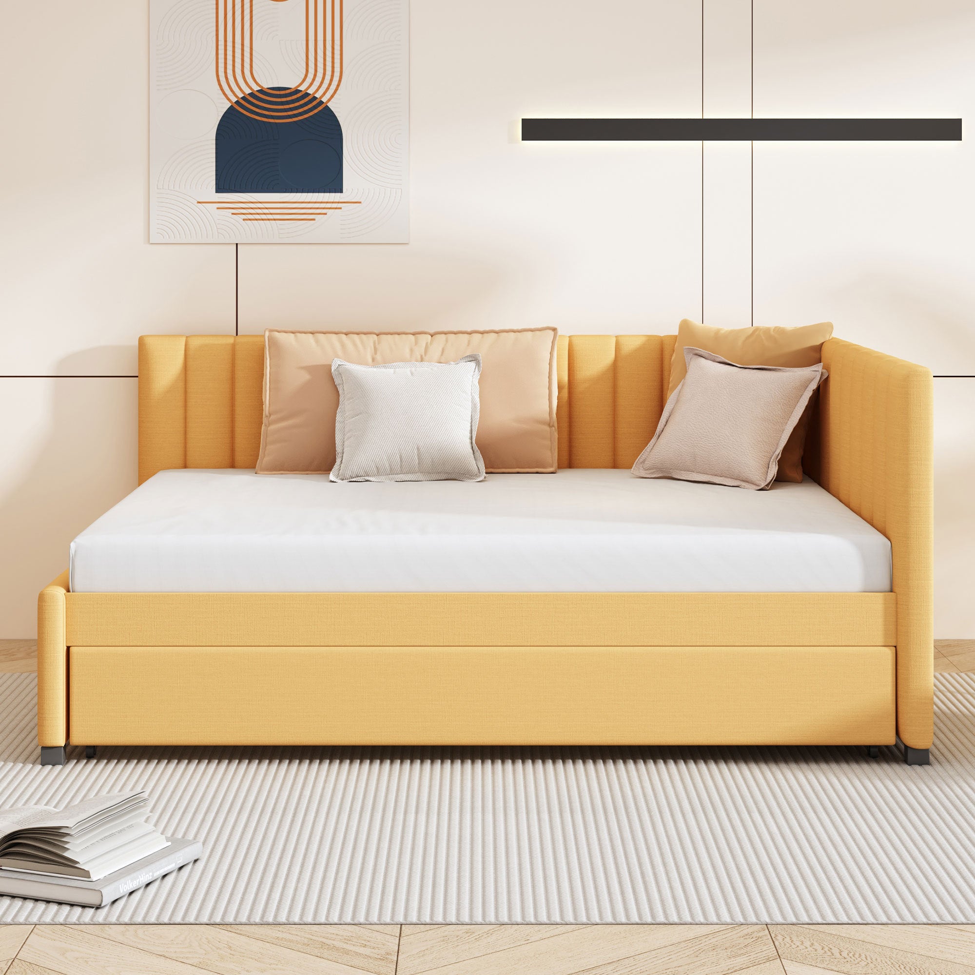 Full Size Upholstered Daybed with Trundle Sofa Bed Frame No Box Spring Needed, Linen Fabric(Yellow) - Atlantic Fine Furniture Melbourne FL