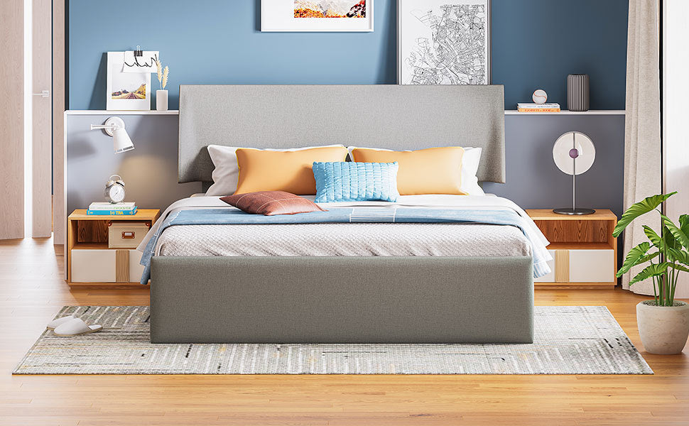 Queen Size Sleigh Bed with Side-Tilt Hydraulic Storage System, Linen Upholstery, Gray - Atlantic Fine Furniture Melbourne FL