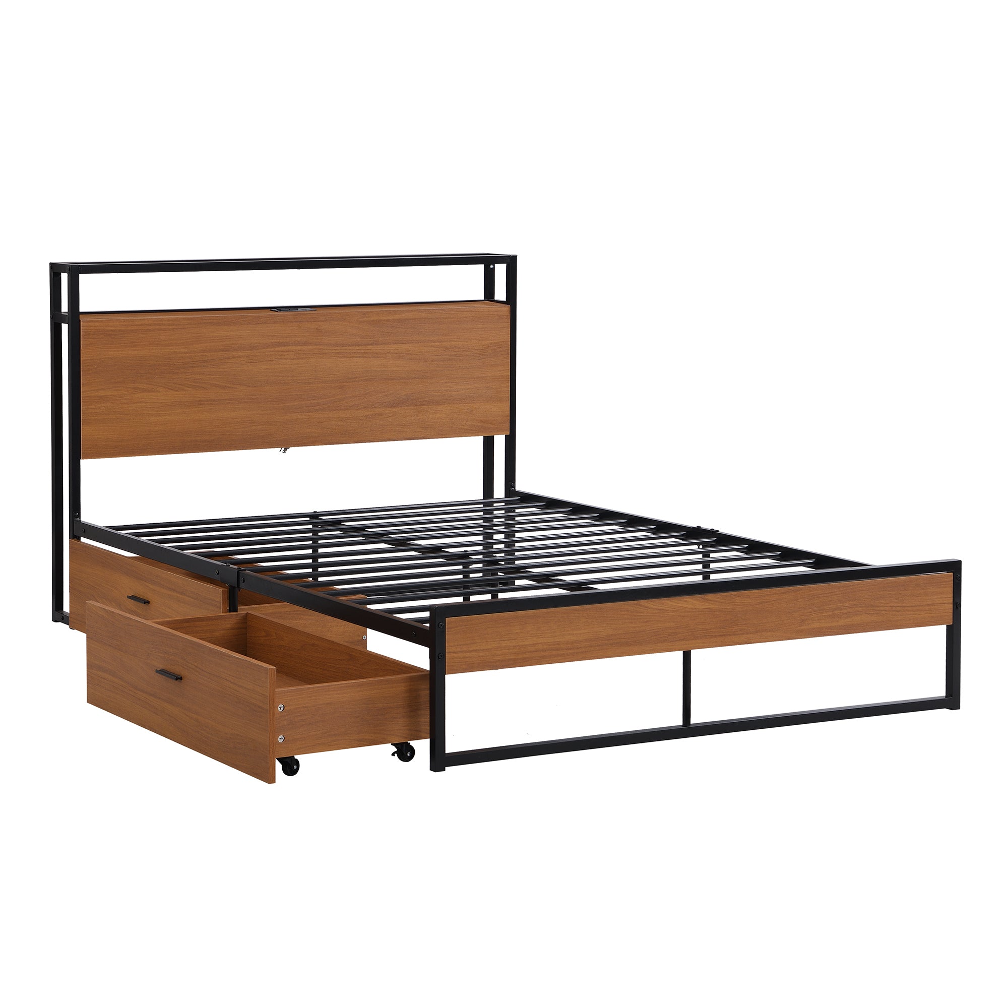 Full Size Metal Platform Bed Frame with Two Drawers,Sockets and USB Ports ,Slat Support No Box Spring Needed Black