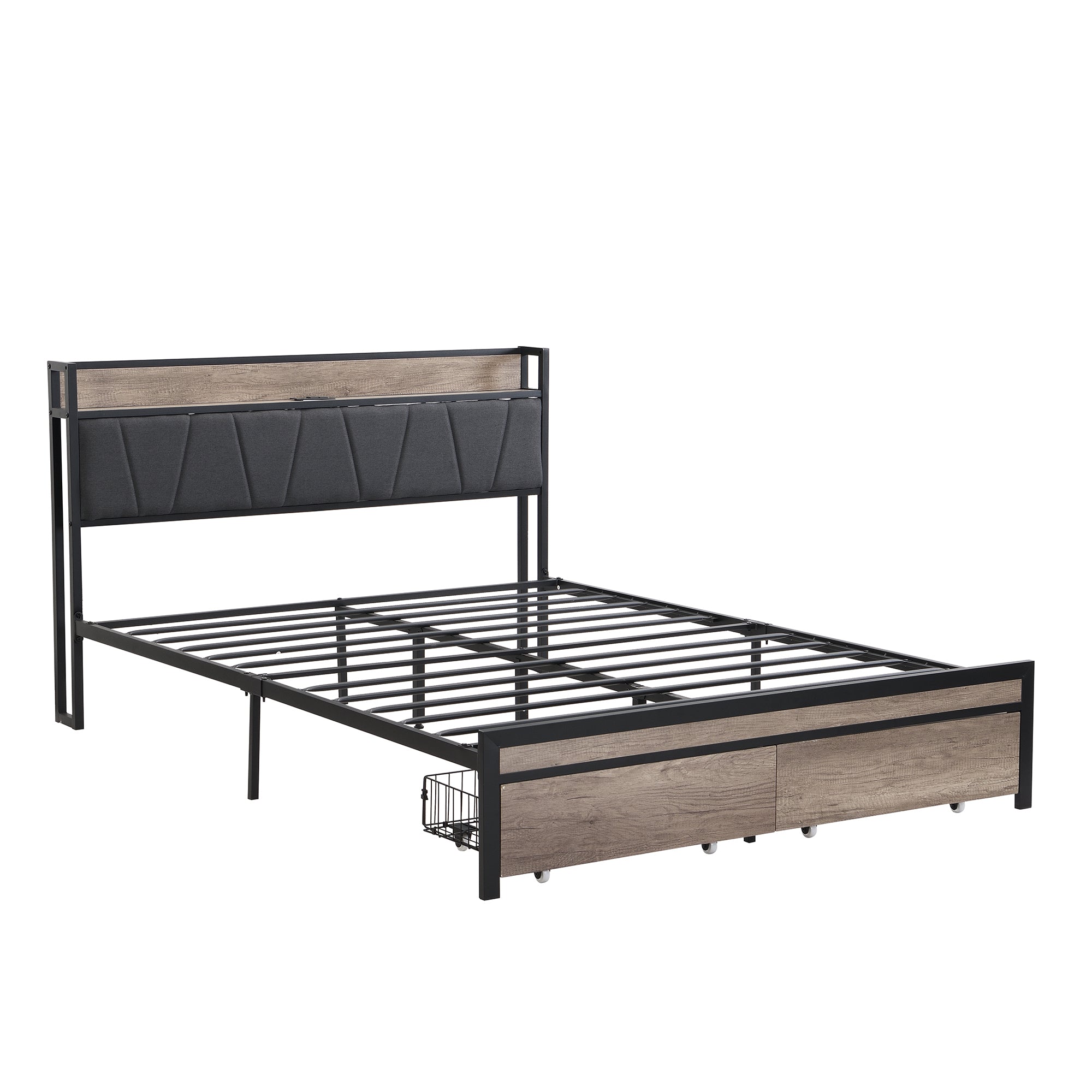 Queen Size Metal Platform Bed Frame with upholstery storage function Headboard and USB LINER and Footboard with drawers , No Box Spring Needed, Large Under Bed Storage, Easy Assemble