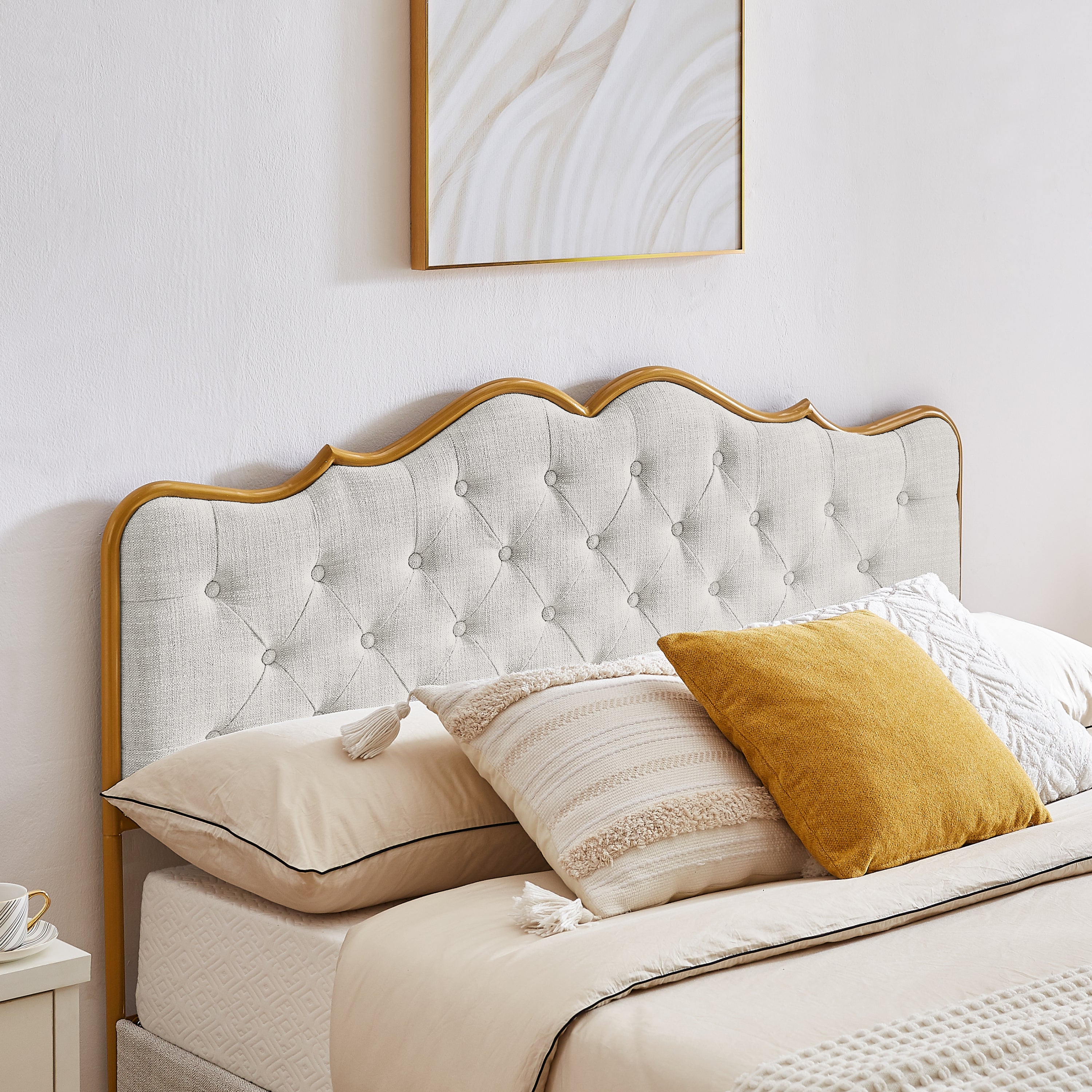 Classic steamed bread shaped backrest, metal frame, solid wood ribs, with four storage drawers, sponge soft bag, comfortable and elegant atmosphere, light gray, Full- size, F sleeping bed - Atlantic Fine Furniture Melbourne FL