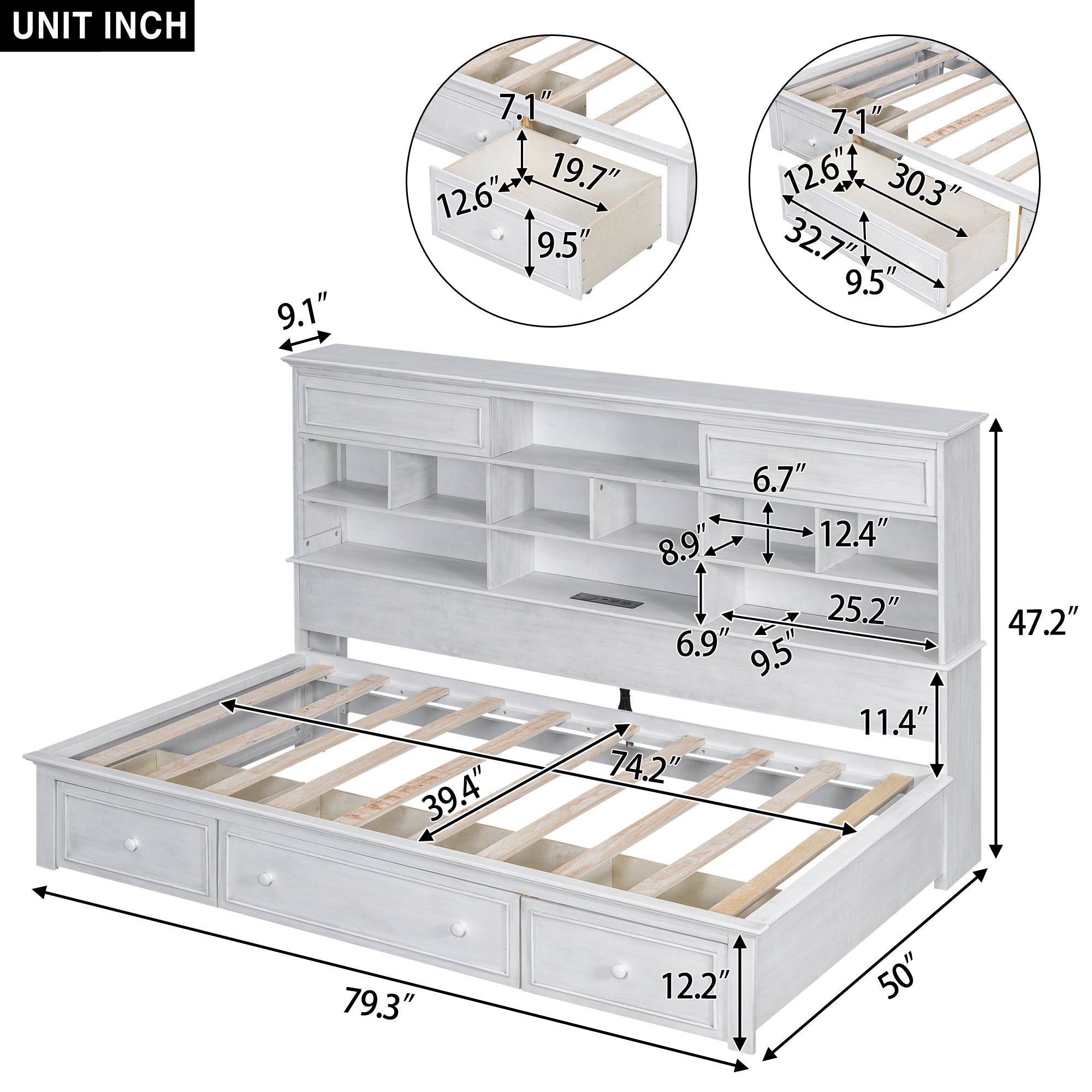 Twin Size Wood Daybed with Multi-Storage Shelves, Charging Station and 3 Drawers, Antique White - Atlantic Fine Furniture Melbourne FL