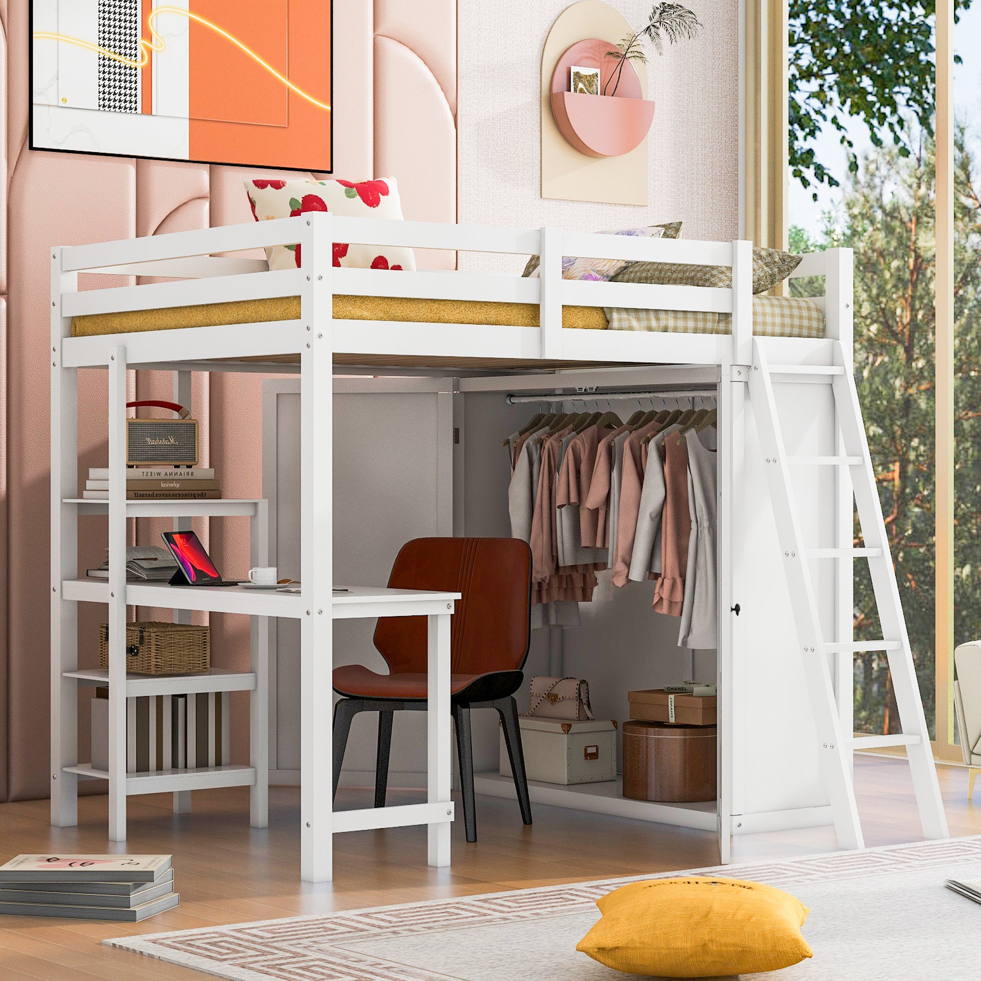 Full Size Loft Bed with Wardrobe and Desk and Shelves, White - Atlantic Fine Furniture Melbourne FL