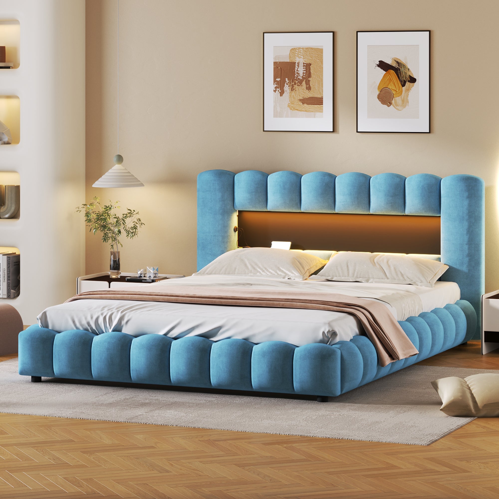 Queen Size Upholstered Platform Bed with LED Headboard and USB, Blue - Atlantic Fine Furniture Melbourne FL