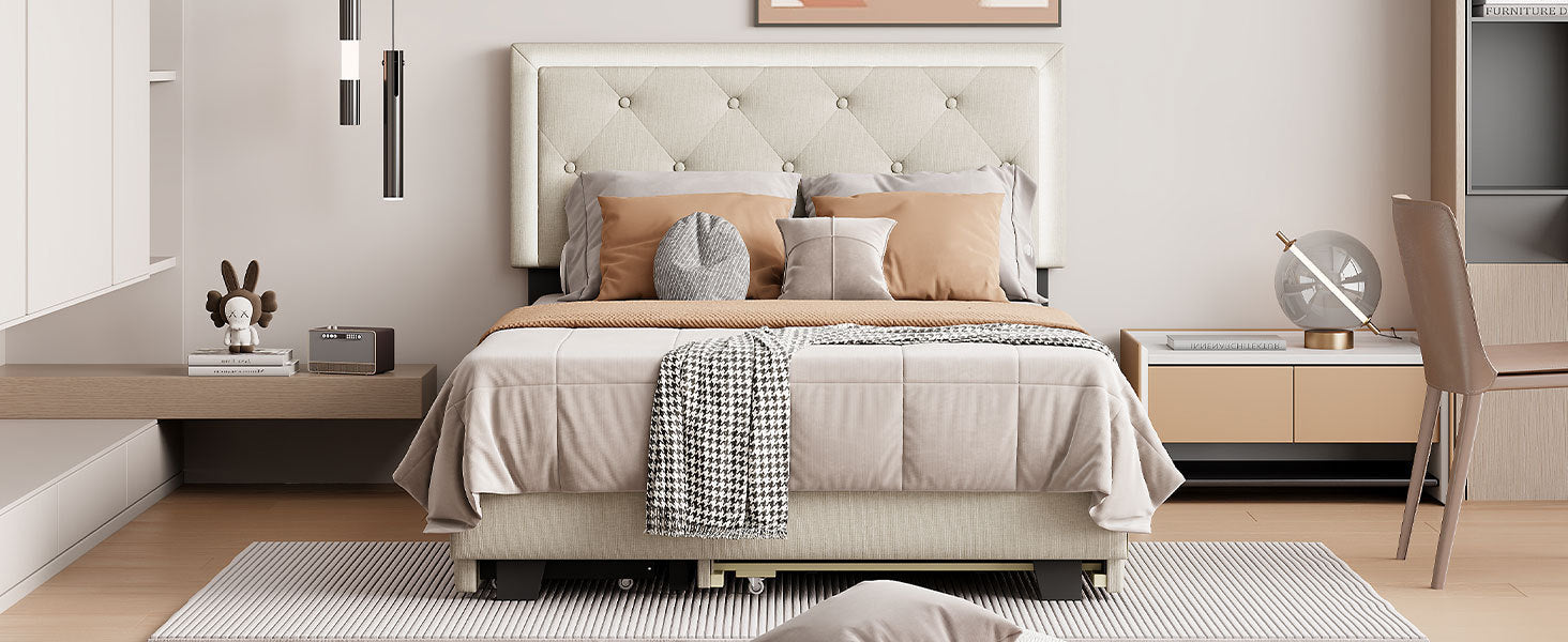 Full Size Velvet Storage Platform Bed, with 2 Big Drawers, T Size Trundle and LED Light, Beige - Atlantic Fine Furniture Melbourne FL