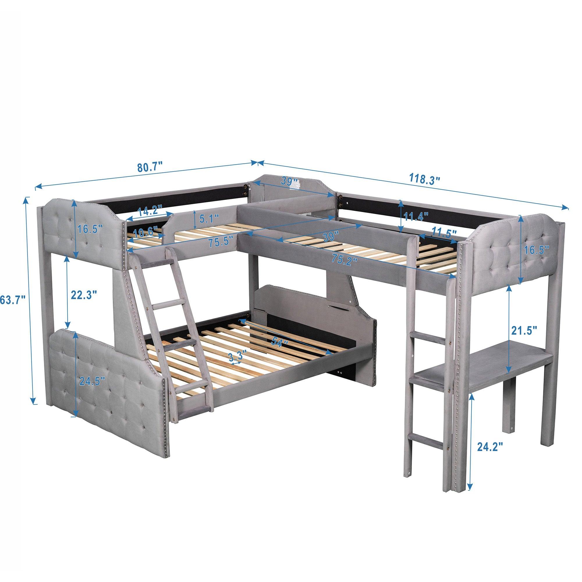 L-Shaped Twin over Full Bunk Bed and Twin Size Loft Bed with Desk,Grey - Atlantic Fine Furniture Melbourne FL