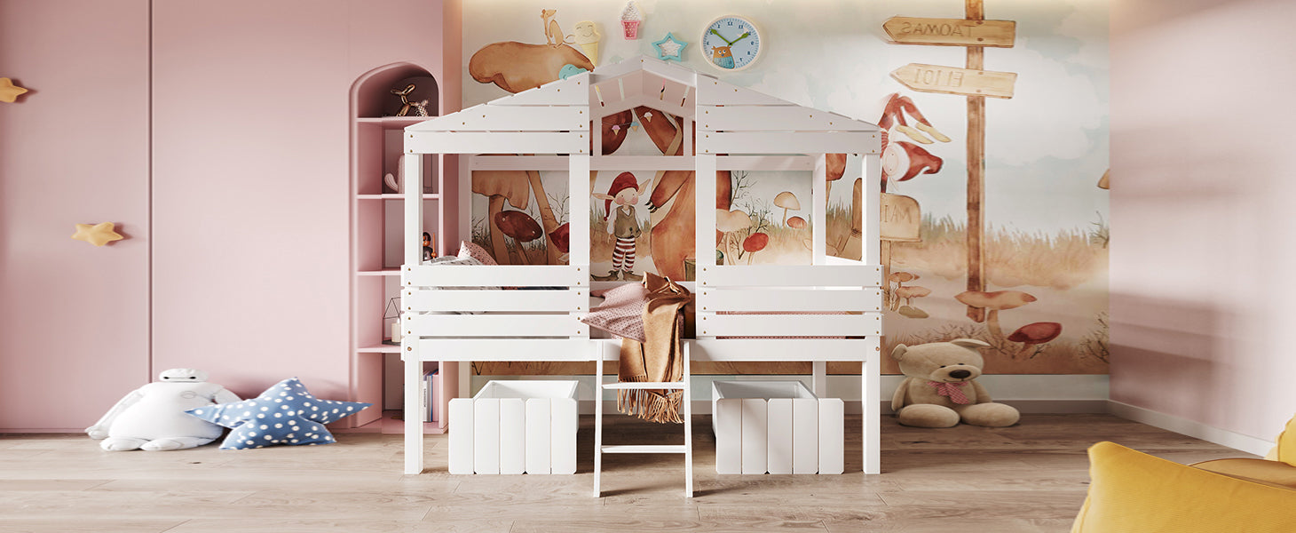 Twin Size Low Loft Wood House Bed with Two Drawers, White - Atlantic Fine Furniture Melbourne FL