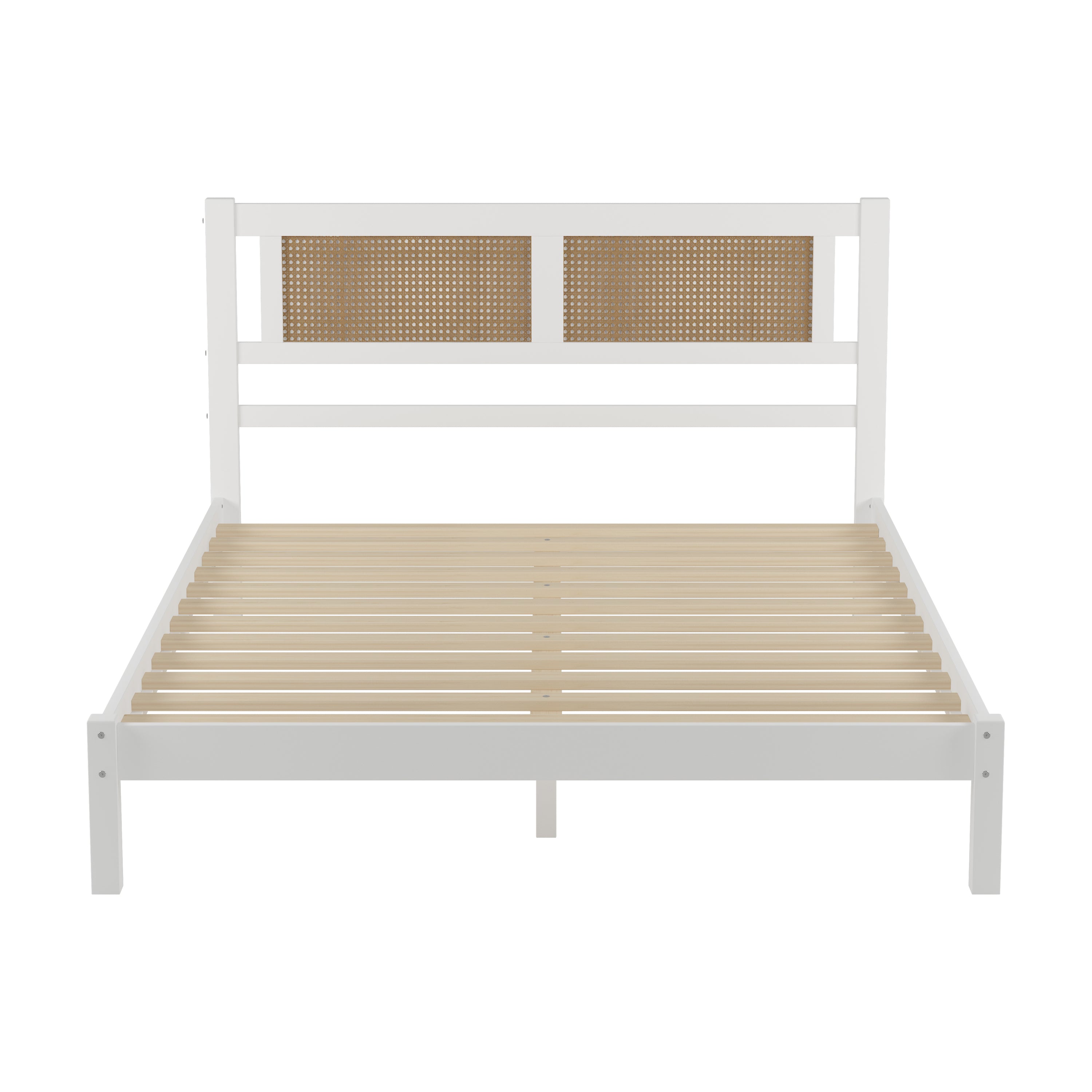 Queen Size Wood Platform Bed with Natural Rattan Headboard,Exquisite Elegance with Minimalist Charm for Bedroom,White - Atlantic Fine Furniture Melbourne FL
