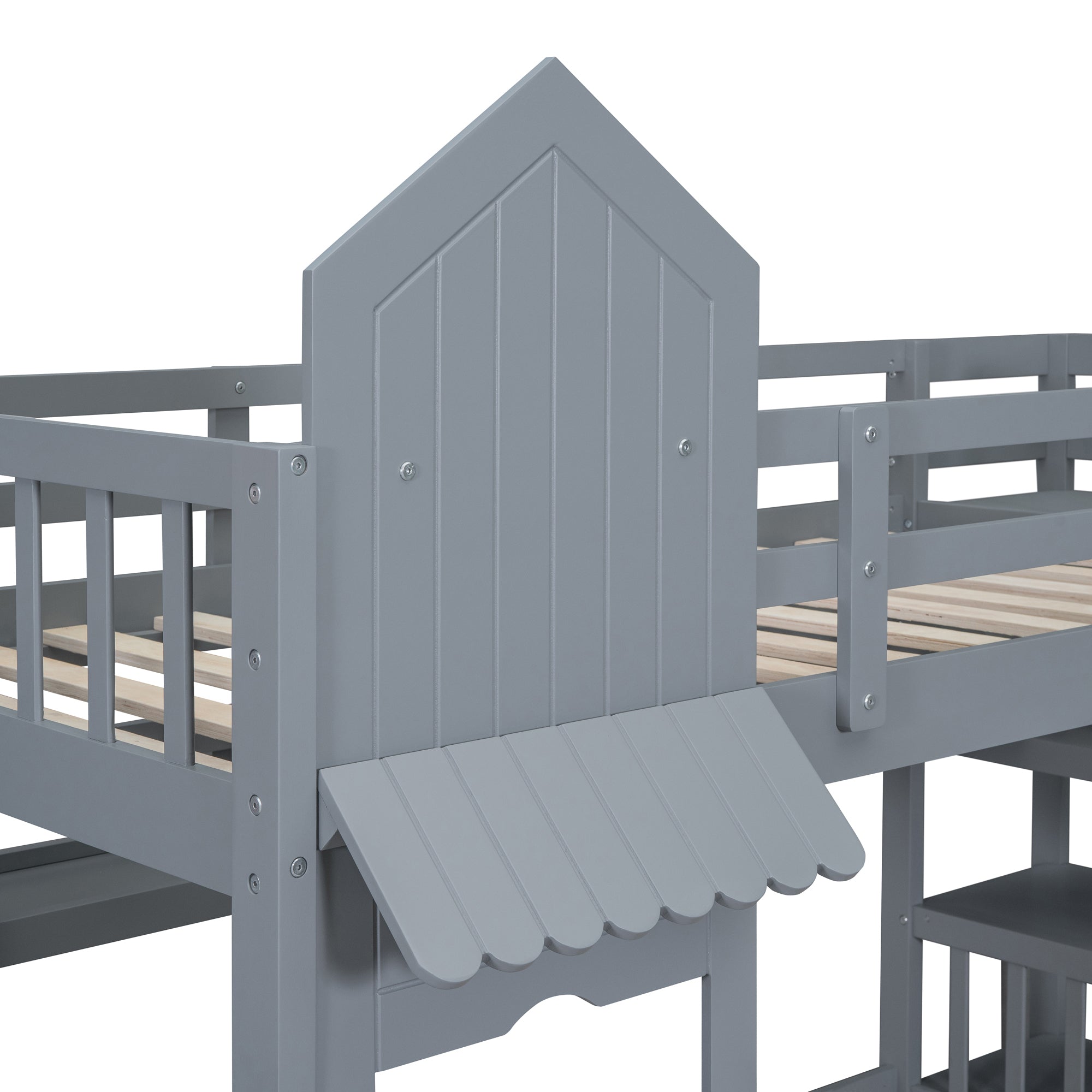 Twin-Over-Twin Castle Style Bunk Bed with 2 Drawers 3 Shelves and Slide - Gray - Atlantic Fine Furniture Melbourne FL