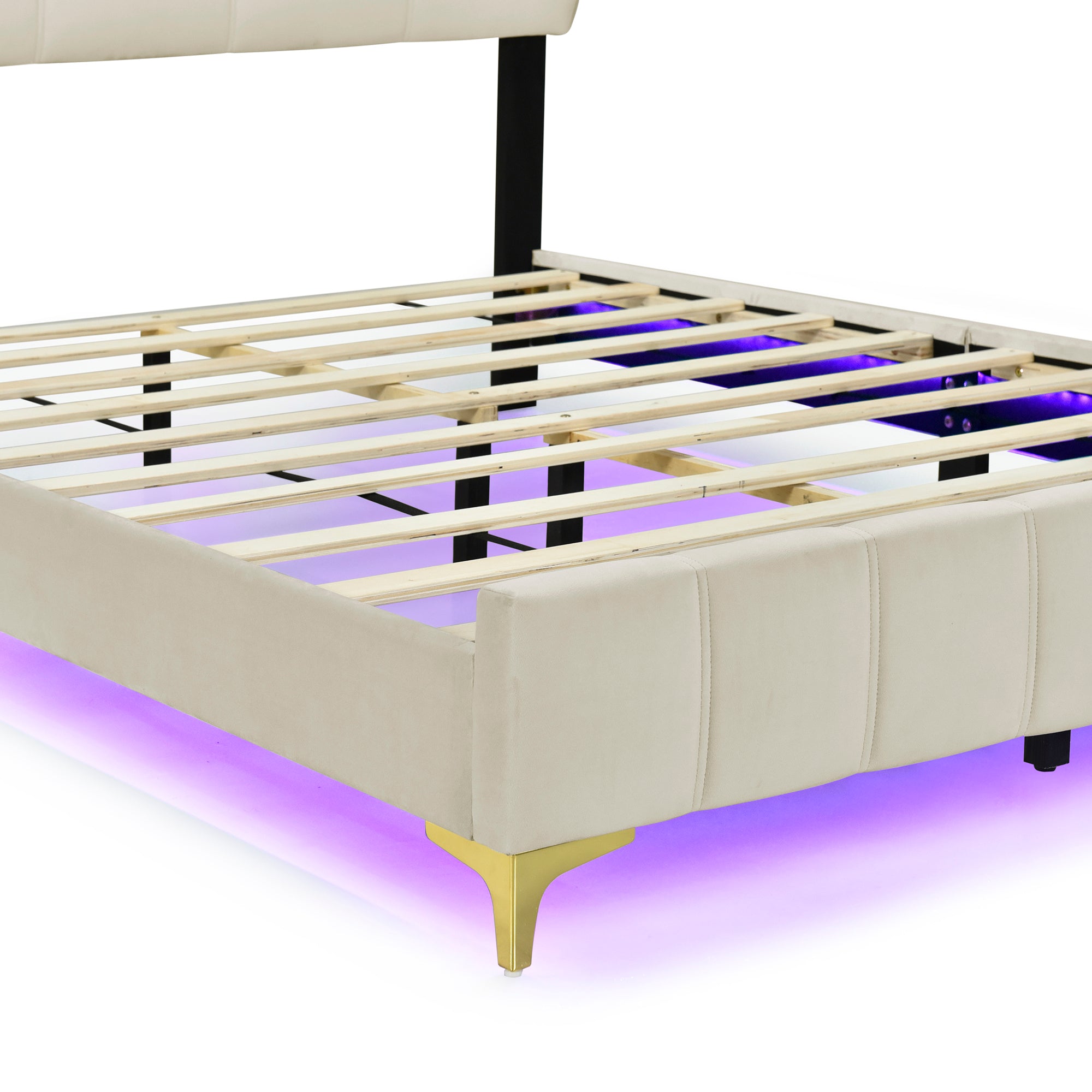 Full Size Velvet Platform Bed with LED Frame and Stylish Mental Bed Legs, Beige - Atlantic Fine Furniture Melbourne FL
