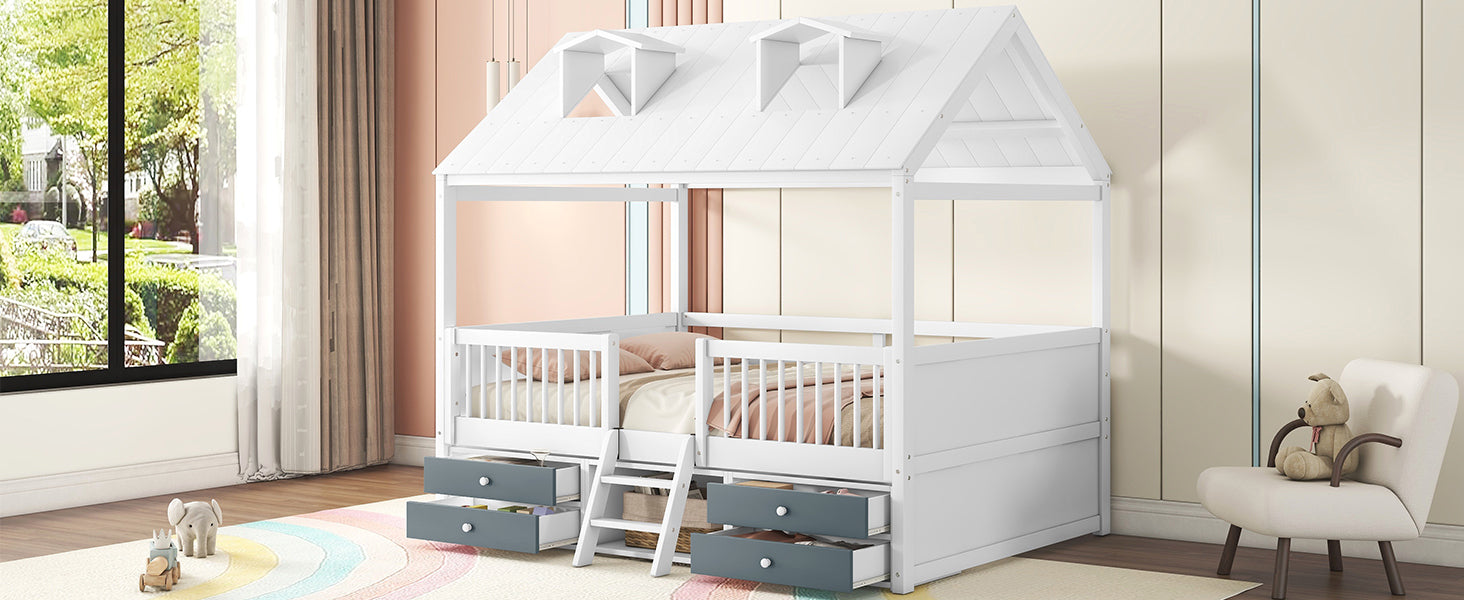 Full Size Wood Bed House Bed Frame,White - Atlantic Fine Furniture Melbourne FL