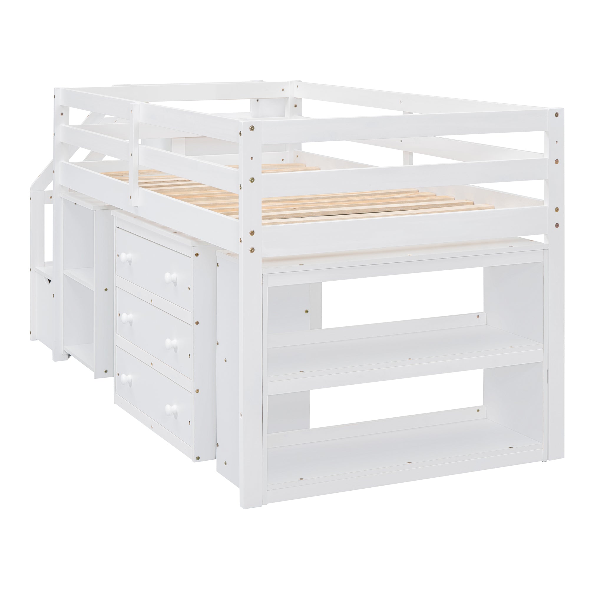 Twin Size Loft Bed with Retractable Writing Desk and 3 Drawers, Wooden Loft Bed with Storage Stairs and Shelves, White - Atlantic Fine Furniture Melbourne FL