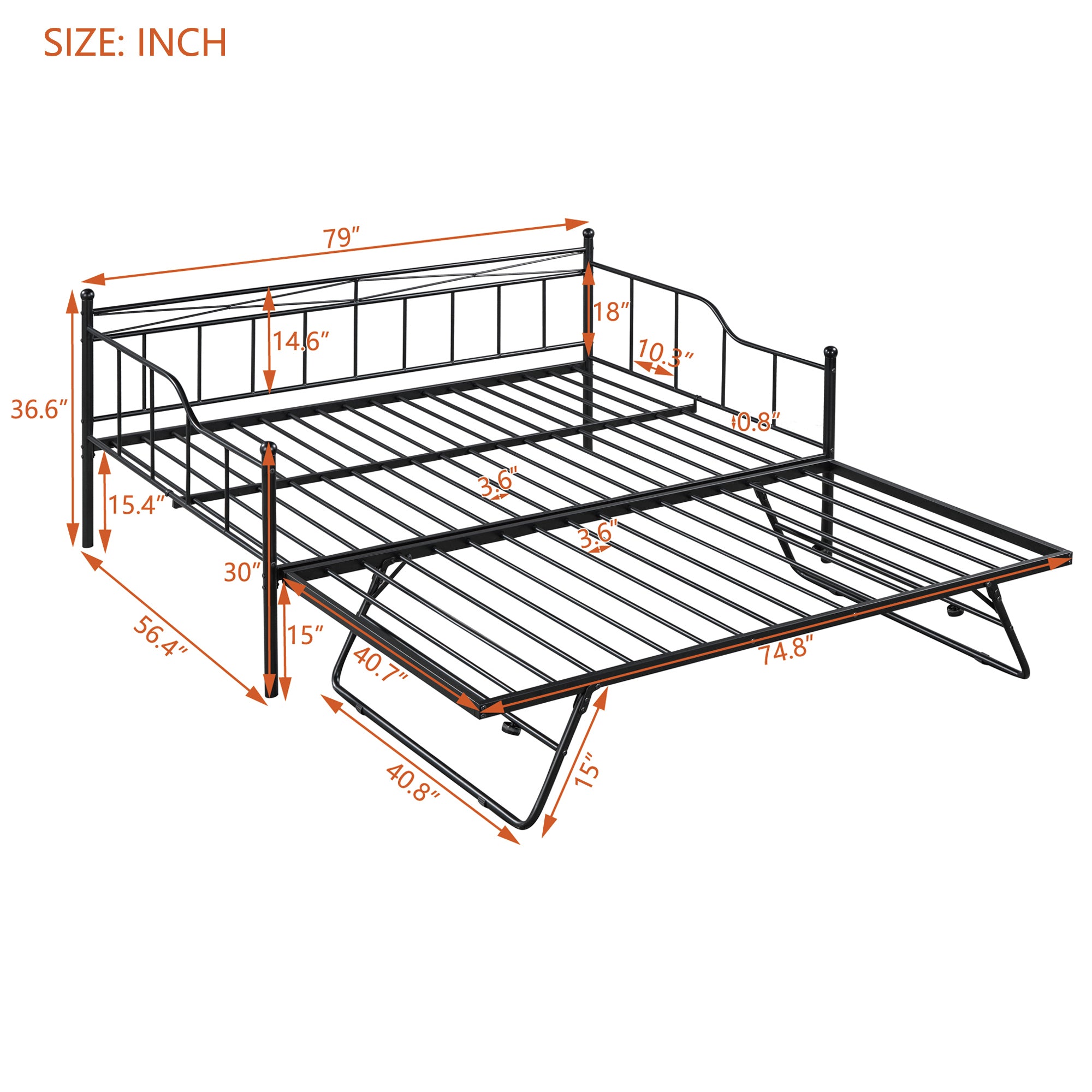 Full Size Metal Daybed with Twin Size Adjustable Trundle, Portable Folding Trundle, Black(OLD SKU:MF293736AAB)
