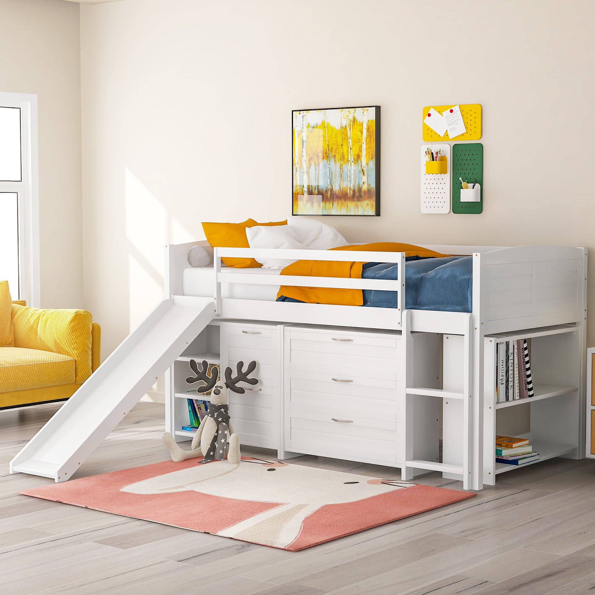Low Twin Size Loft Bed with Cabinets, Shelves and Slide - White(OLD SKU :LP000503AAK) - Atlantic Fine Furniture Melbourne FL