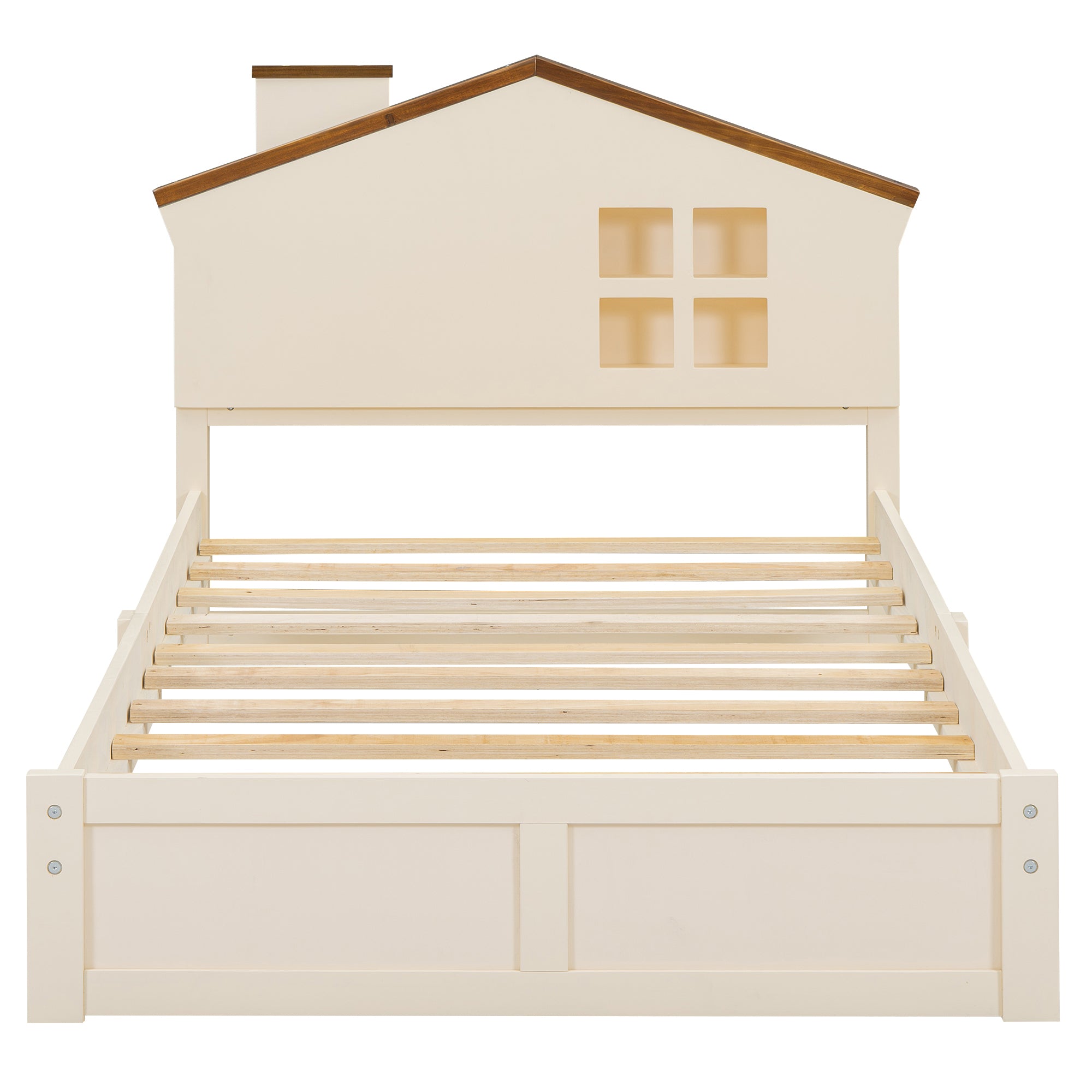 Twin Size Wood Platform Bed with House-shaped Headboard and Built-in LED, Walnut+Milk White - Atlantic Fine Furniture Melbourne FL