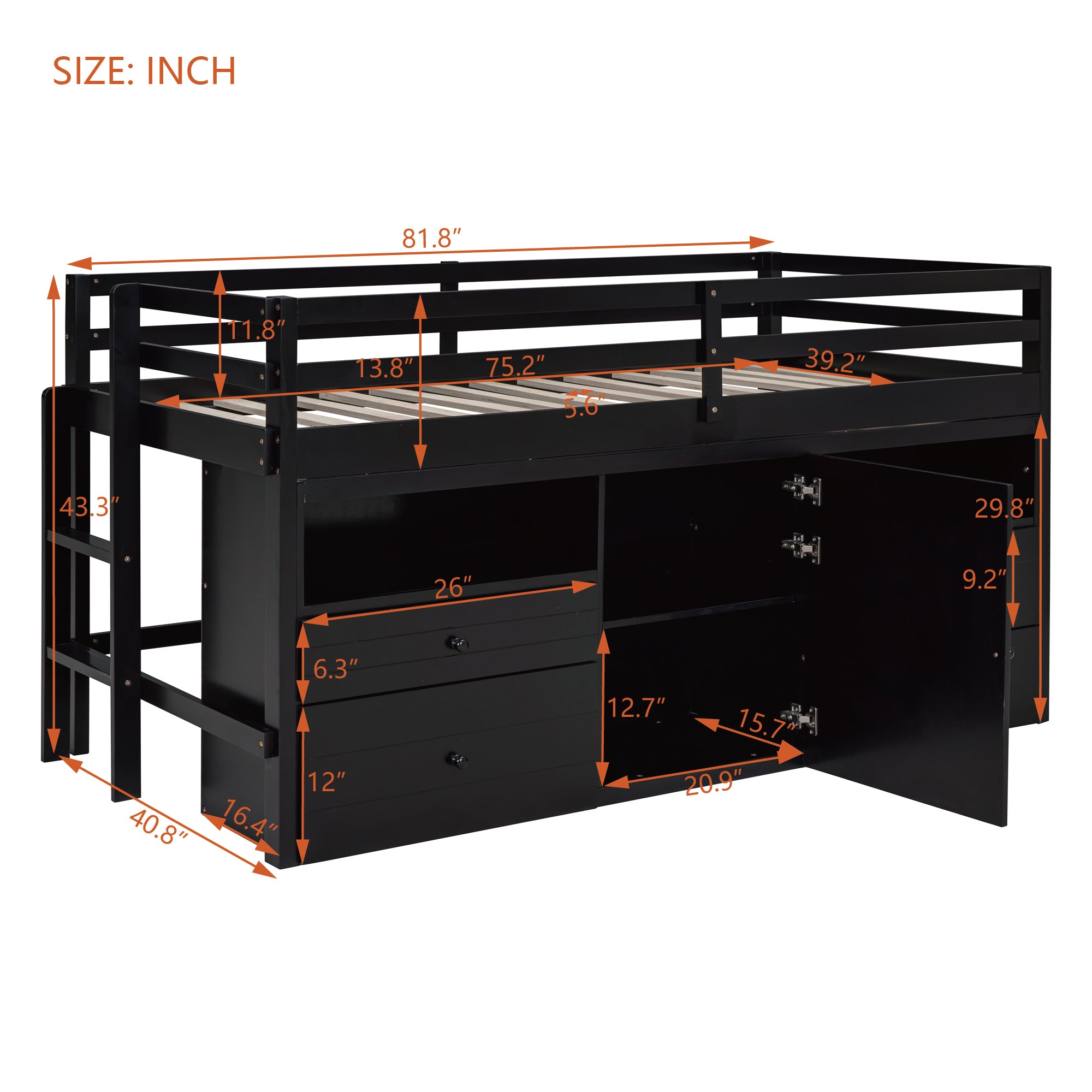 Twin Size Loft Bed with 4 Drawers, Underneath Cabinet and Shelves, Espresso - Atlantic Fine Furniture Melbourne FL