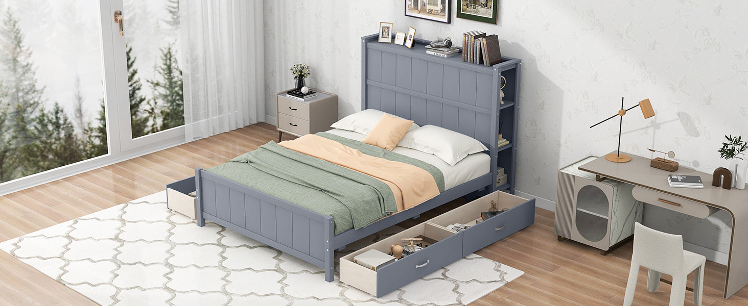 Full Size Platform Bed with Drawers and Storage Shelves, Gray - Atlantic Fine Furniture Melbourne FL