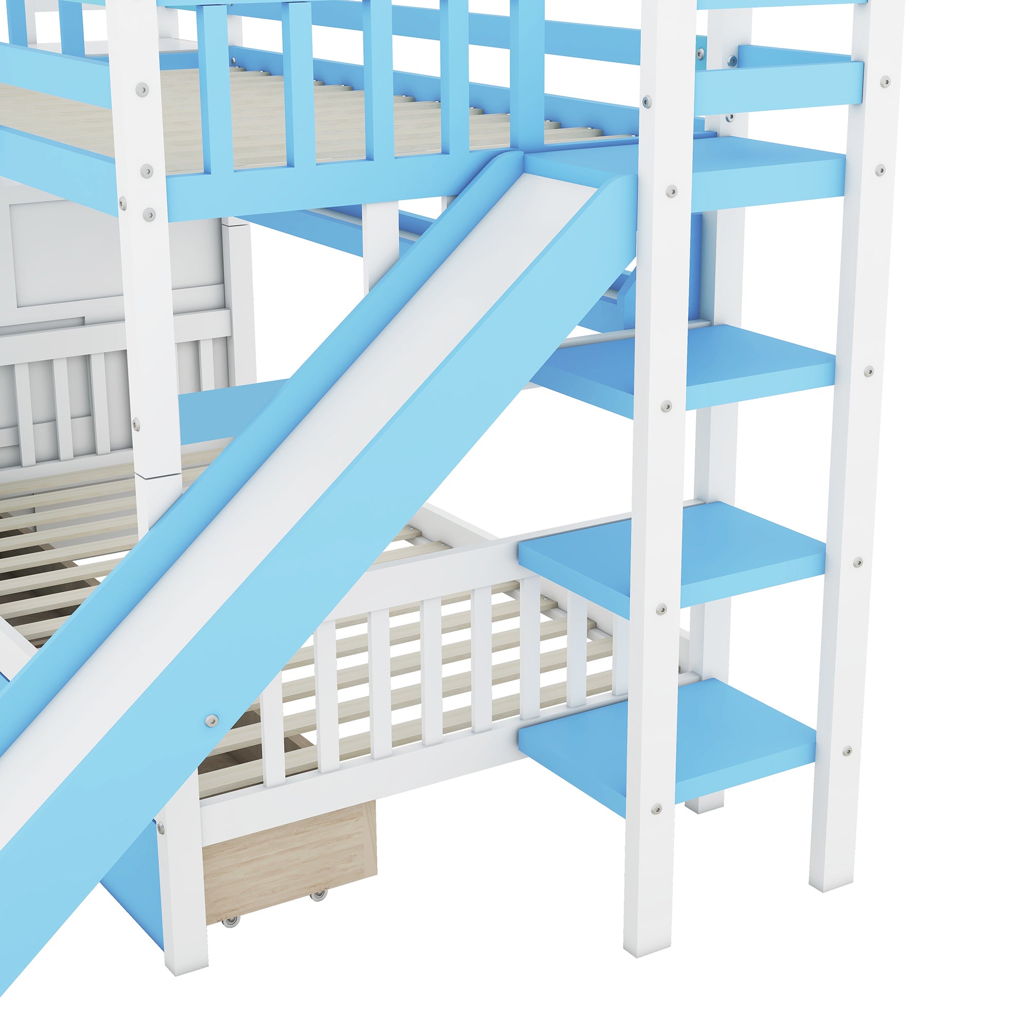 Twin-Over-Twin Castle Style Bunk Bed with 2 Drawers 3 Shelves and Slide - Blue - Atlantic Fine Furniture Melbourne FL