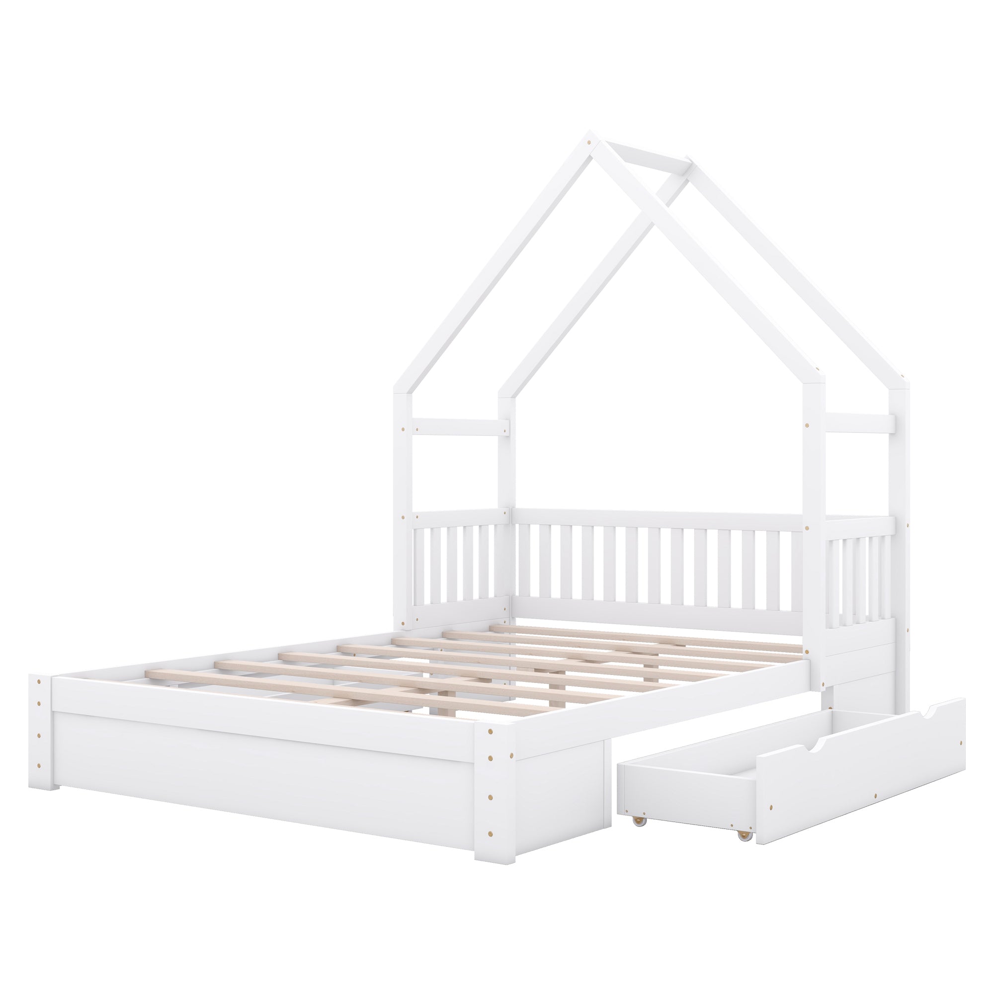 Wood Queen Size House Platform Bed with Guardrail and 2 Drawers, White (Expected Arrival Time:4.26) - Atlantic Fine Furniture Melbourne FL