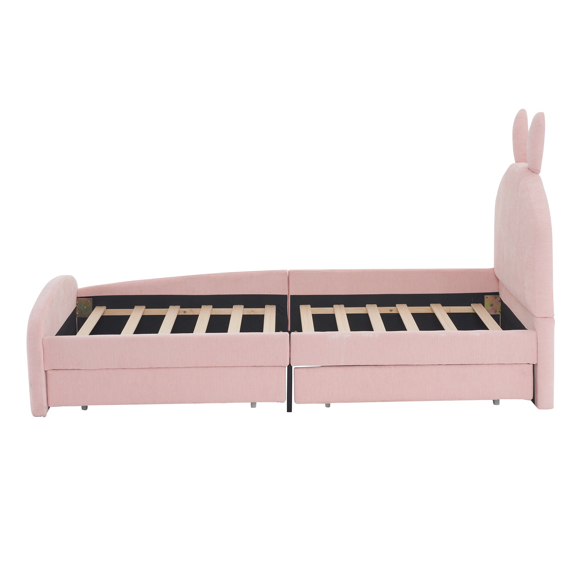Twin Size Upholstered Platform Bed with Cartoon Ears Shaped Headboard and 2 Drawers, Pink - Atlantic Fine Furniture Melbourne FL