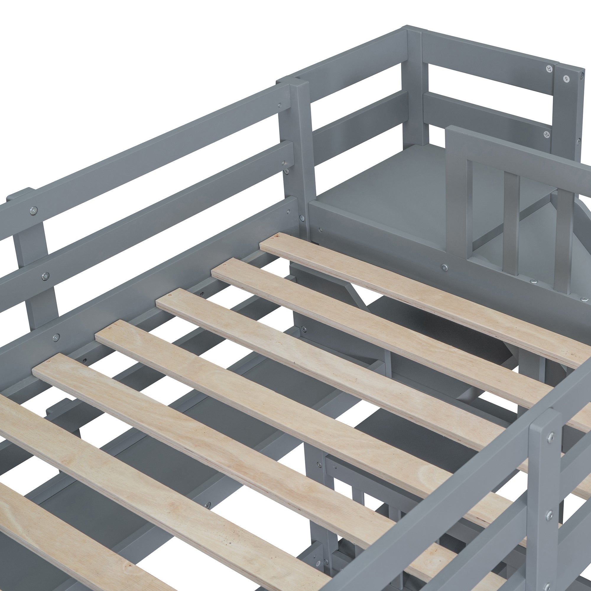 Twin-Over-Twin Castle Style Bunk Bed with 2 Drawers 3 Shelves and Slide - Gray - Atlantic Fine Furniture Melbourne FL