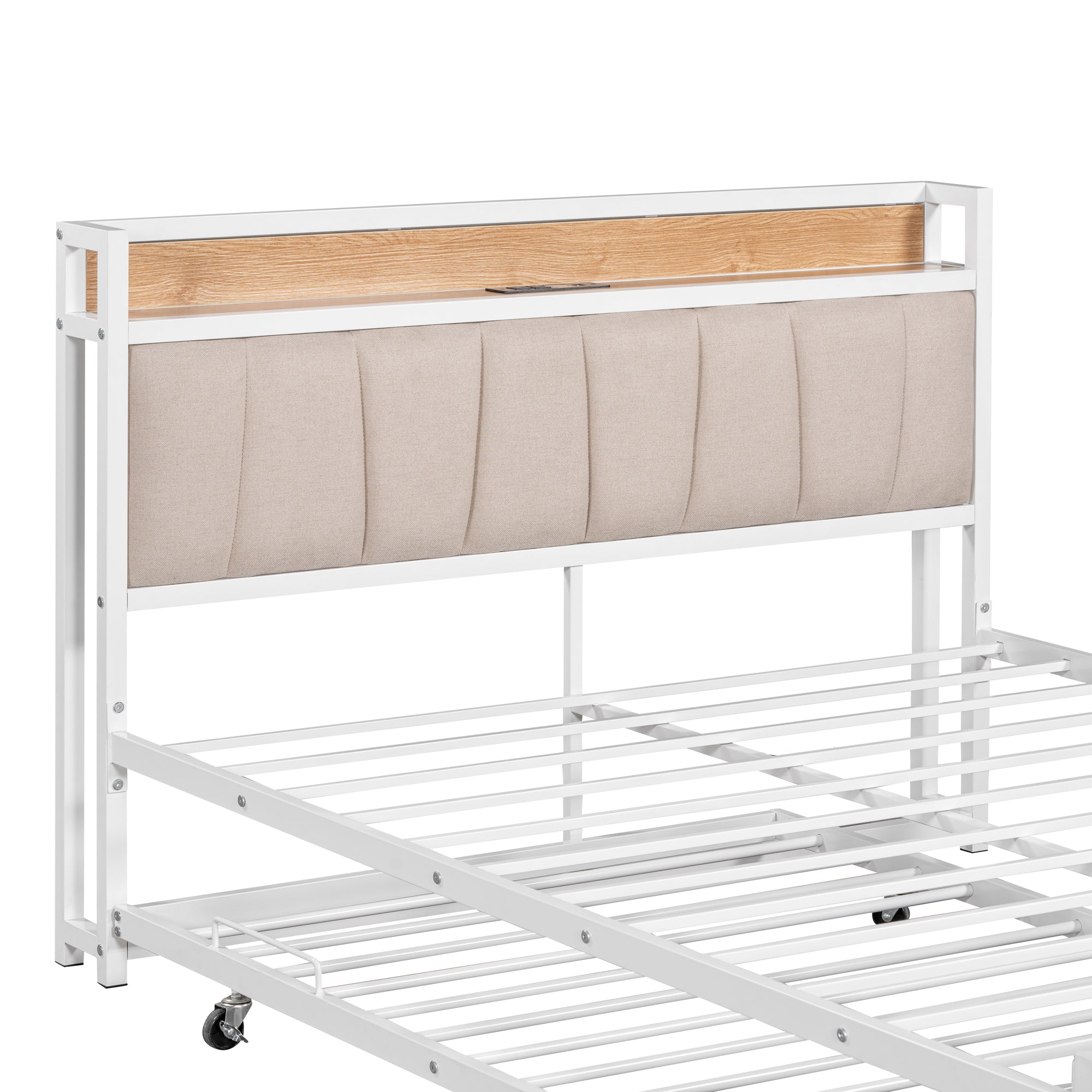 Full Size Metal Platform Bed Frame with Twin size trundle, Upholstered headboard, Sockets, USB Ports and Slat Support, No Box Spring Needed, White - Atlantic Fine Furniture Melbourne FL
