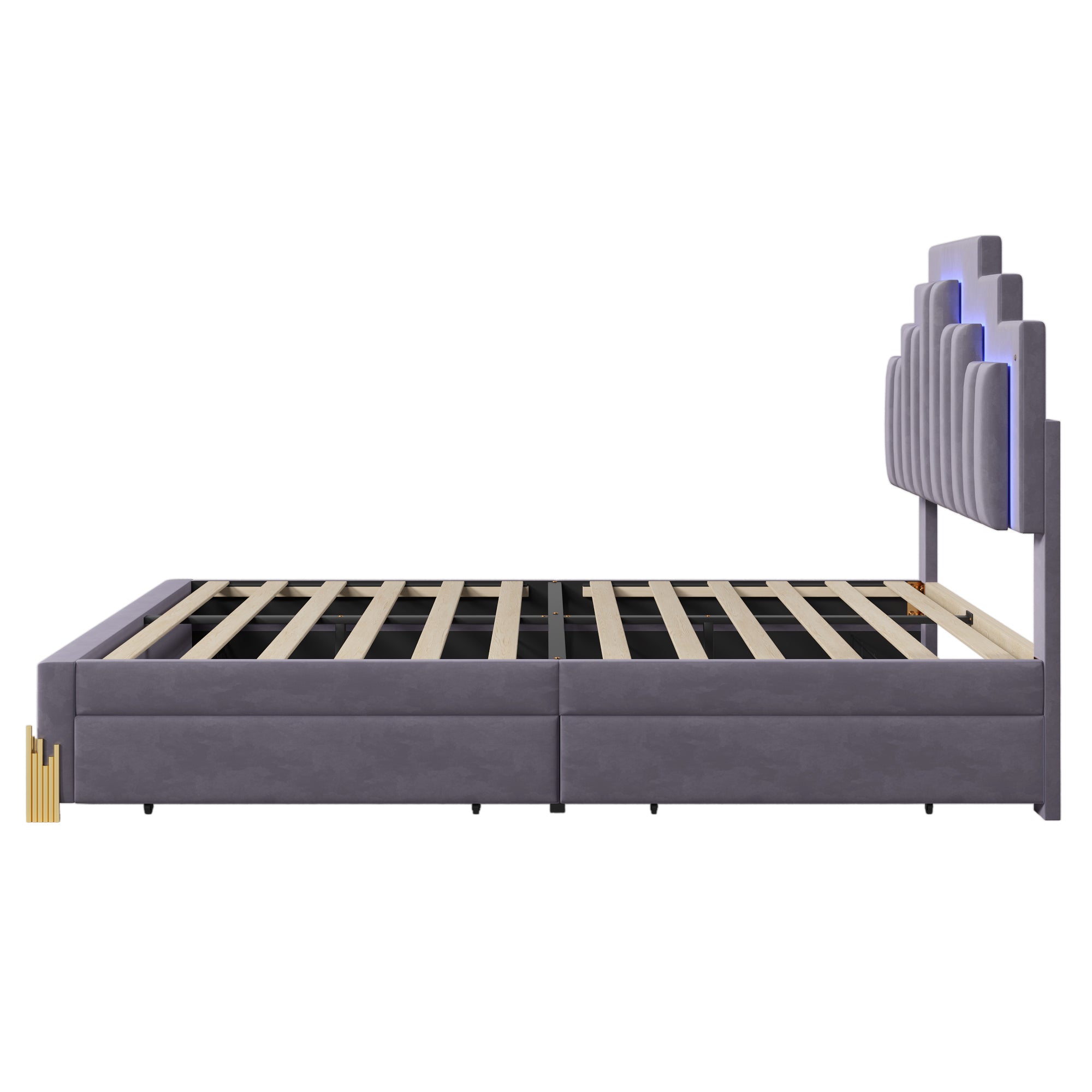 Full Size Upholstered Platform Bed with LED Lights and 4 Drawers, Stylish Irregular Metal Bed Legs Design, Gray - Atlantic Fine Furniture Melbourne FL