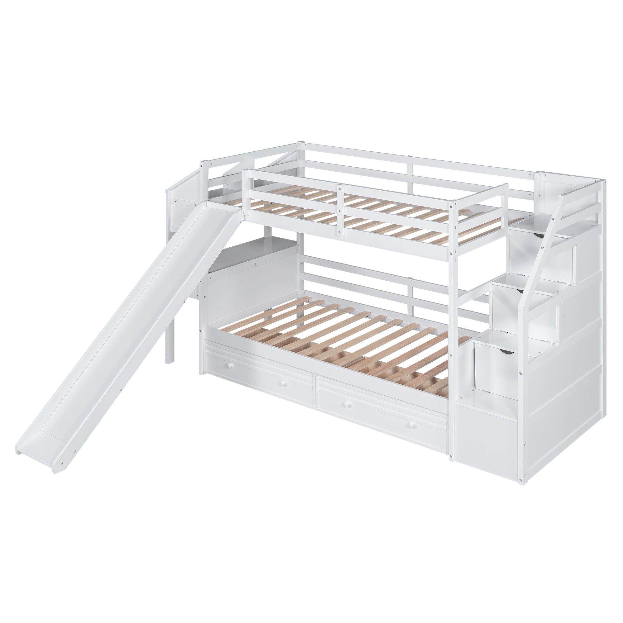 Twin over Twin Bunk Bed with Storage Staircase, Slide and Drawers, Desk with Drawers and Shelves, White - Atlantic Fine Furniture Melbourne FL