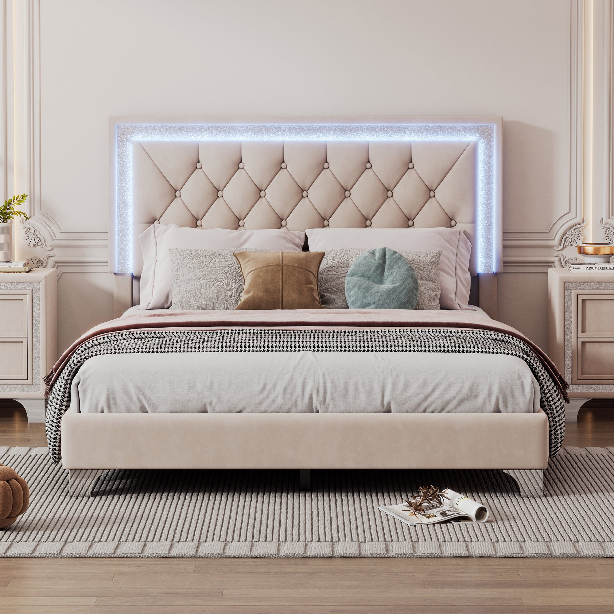 Full Size Upholstered Bed Frame with LED Lights,Modern Velvet Platform Bed with Tufted Headboard,Beige - Atlantic Fine Furniture Melbourne FL